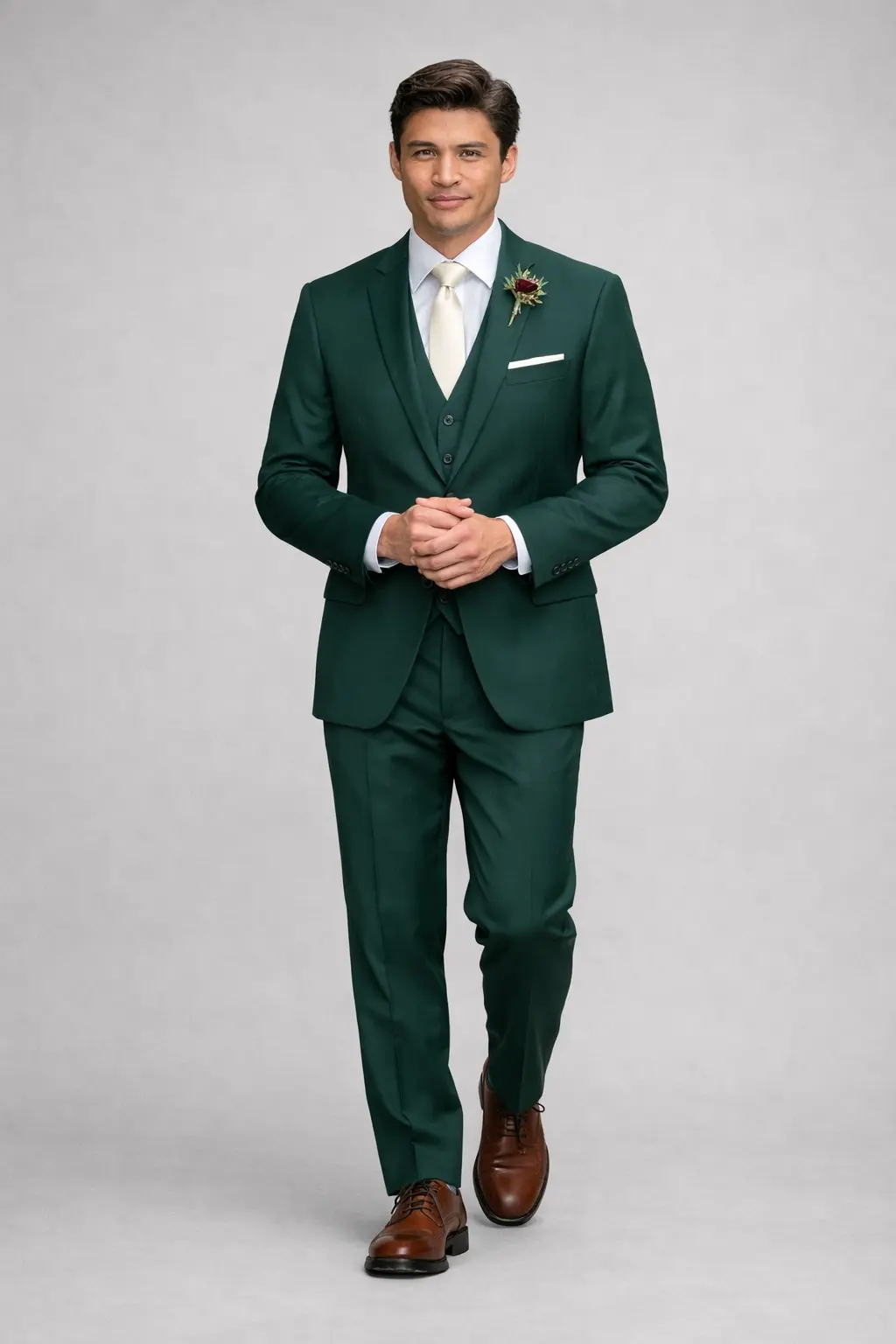 Traje verde botella tres piezas con corbata marfil y boutonniere, manos entrelazadas, cuerpo completo — Masculino.do