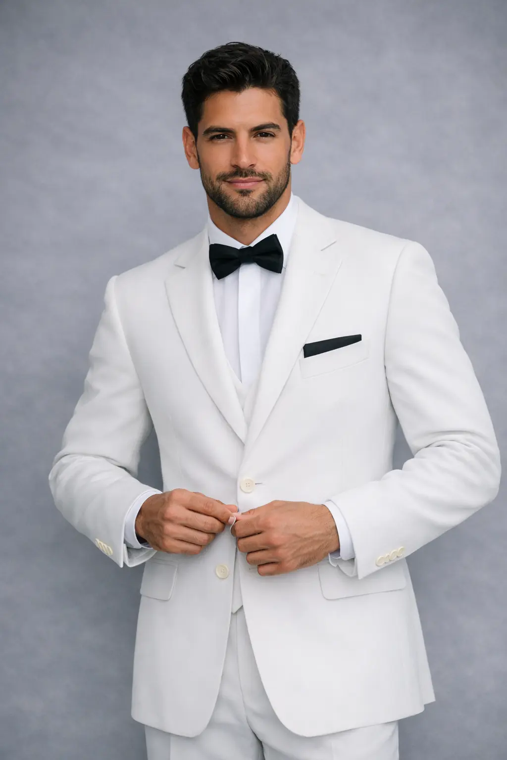 Traje blanco tres piezas con chaleco a juego, corbatín negro y pañuelo negro, abotonando el saco — Masculino.do