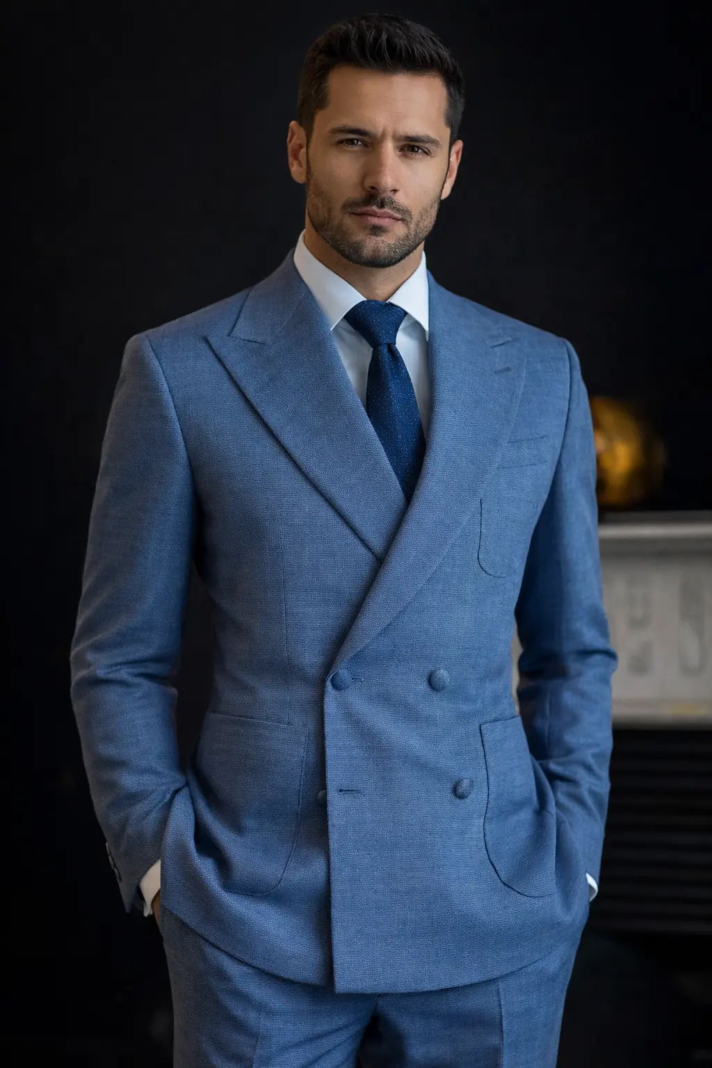 Traje azul grisáceo cruzado con solapas de pico y textura melange, camisa azul claro y corbata azul marino — look sartorial elegante fondo gris — Masculino.do
