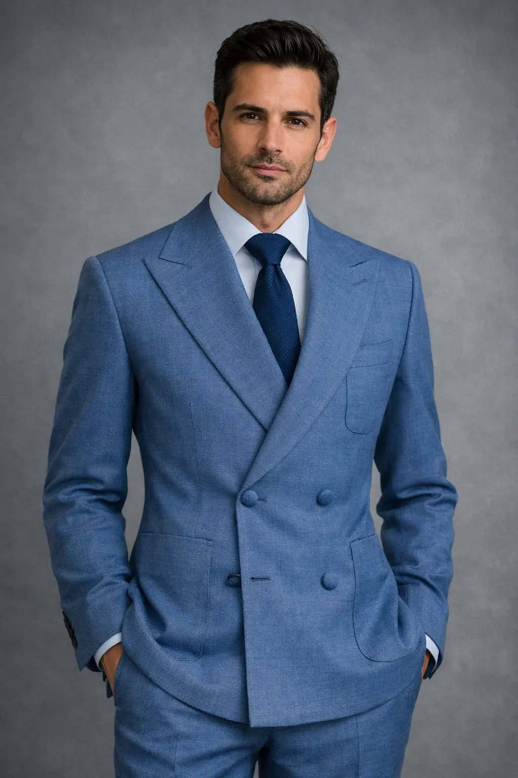 Traje azul grisáceo cruzado con solapas de pico amplias, camisa blanca y corbata azul marino texturizada — look masculino formal fondo gris — Masculino.do