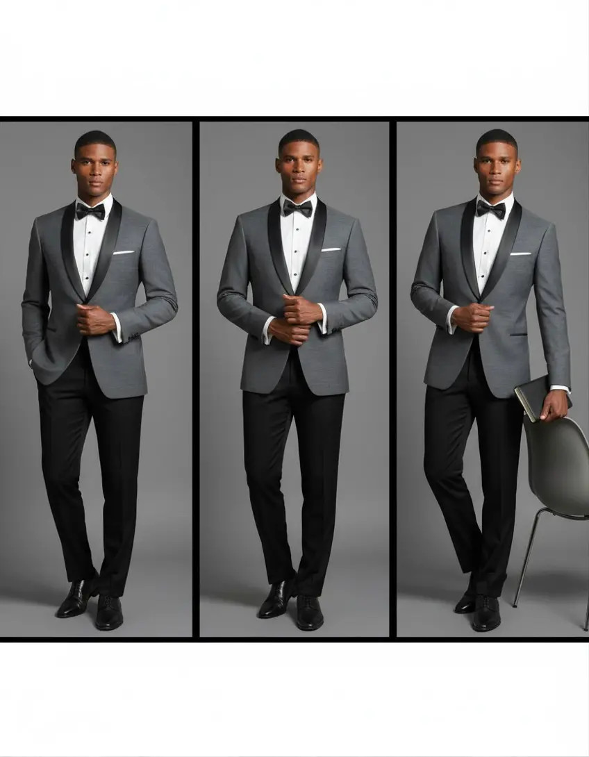 Tres poses de tuxedo gris acero con solapa chal en satín, pantalón negro y corbatín, cuerpo completo — Masculino.do