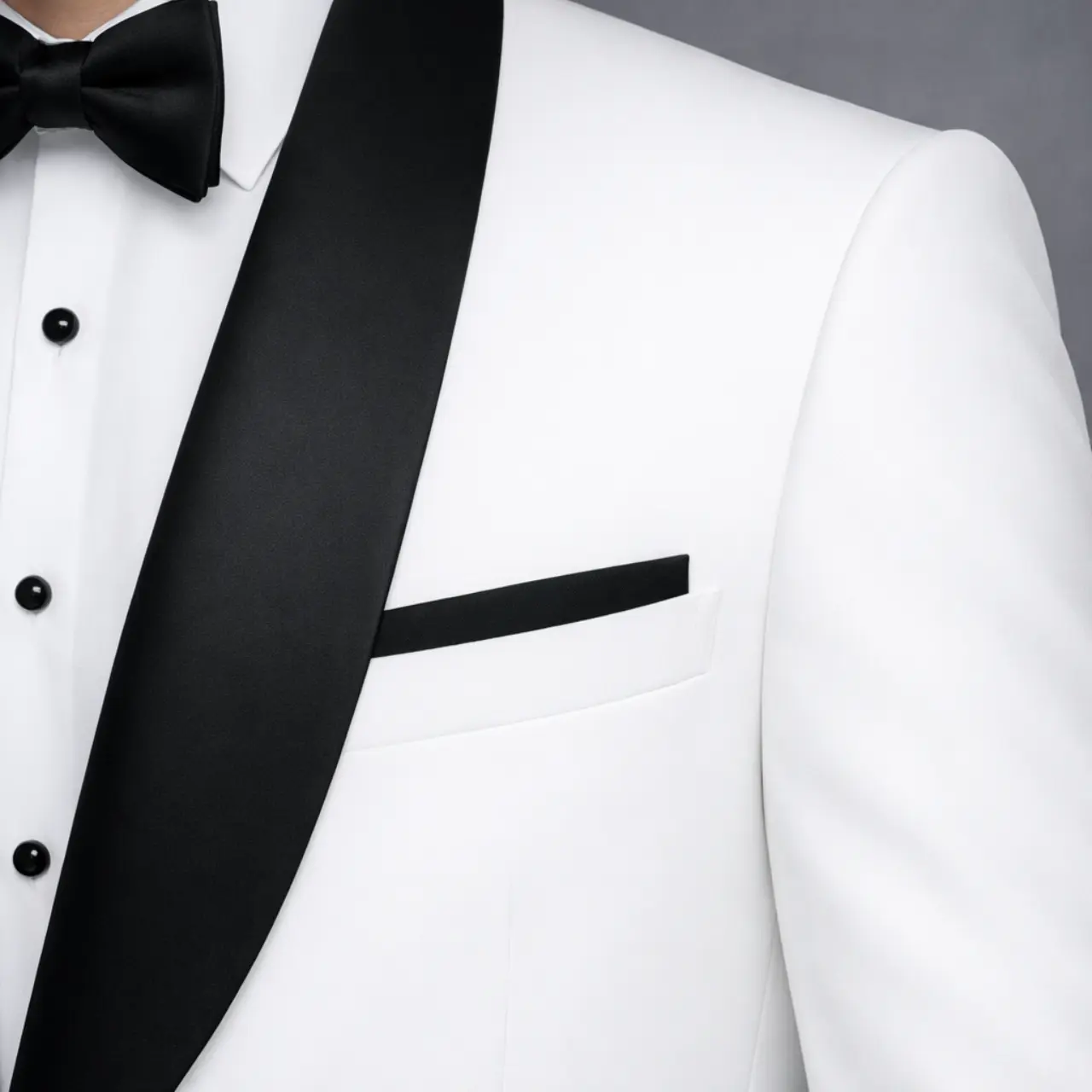 Detalle de dinner jacket blanco con solapa shawl en satín negro, pañuelo negro de bolsillo y corbatín negro, primer plano — Masculino.do