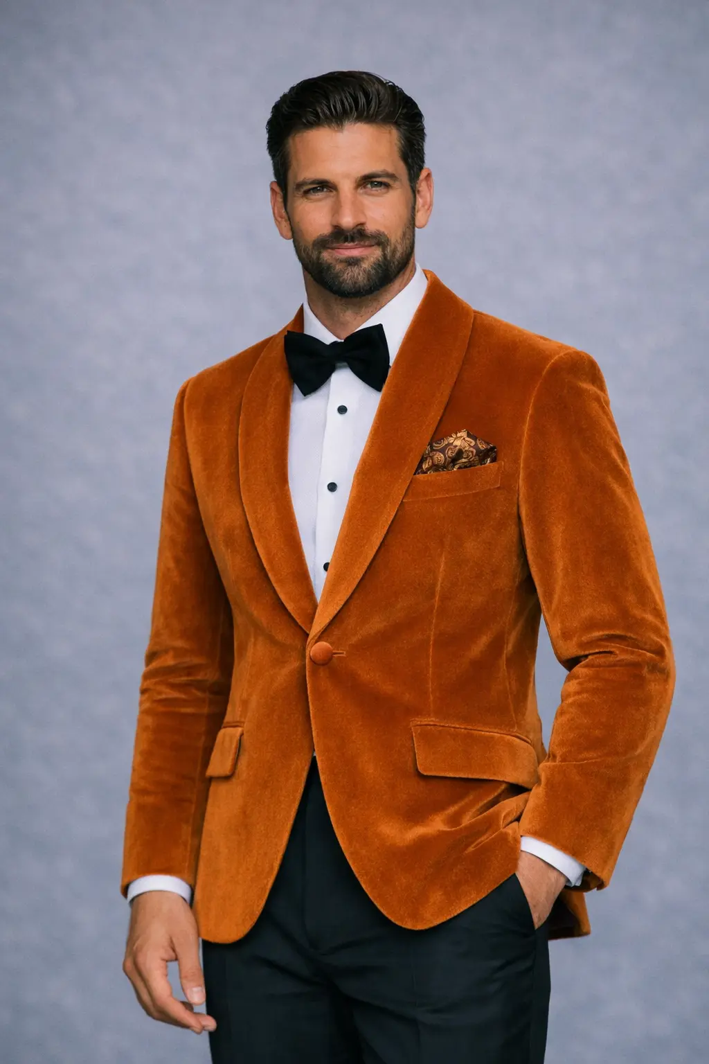 Tuxedo naranja terciopelo con solapa chal, camisa blanca, corbatín negro y pañuelo paisley, medio cuerpo — Masculino.do