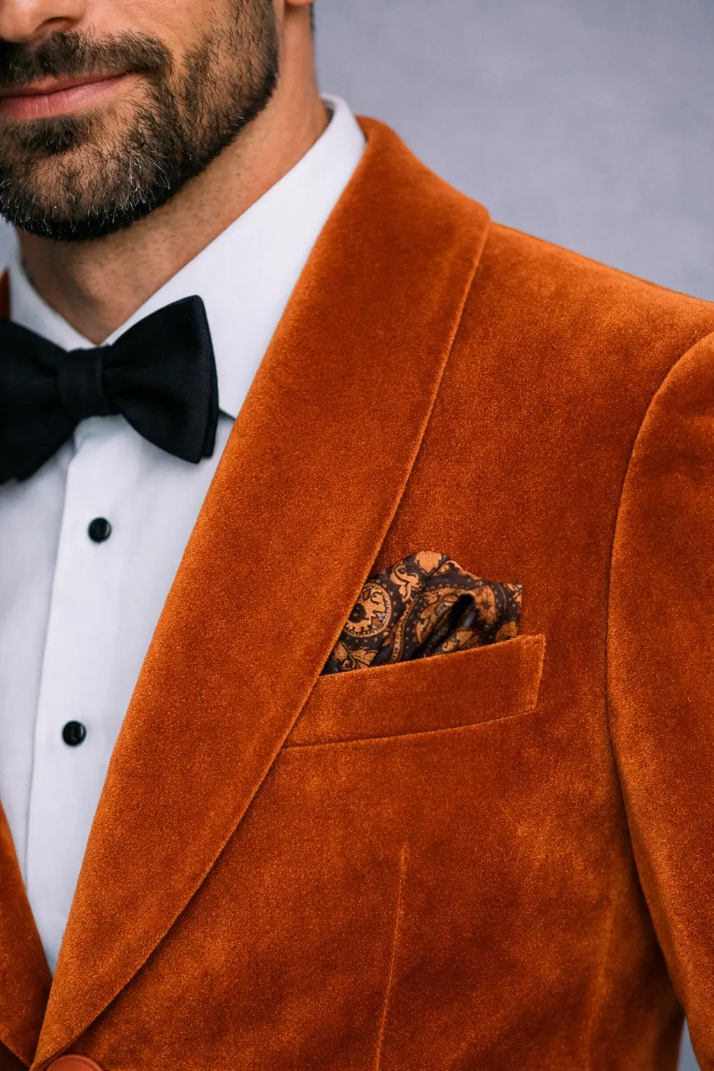 Detalle de tuxedo naranja terciopelo con solapa chal, pañuelo paisley y corbatín negro, primer plano — Masculino.do