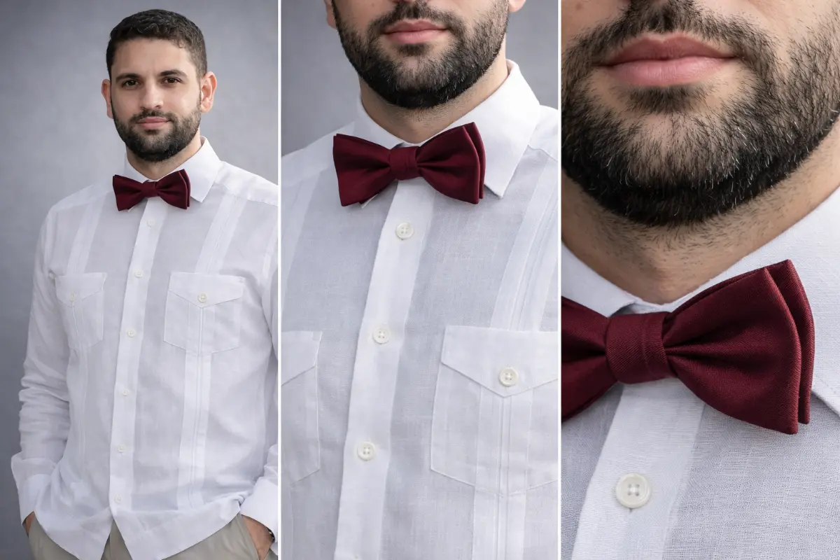 Detalle en tres planos de chacabana blanca con bolsillos de solapa y lazo vino, vista de cuello camisero, nudo de pajarita y textura de lino