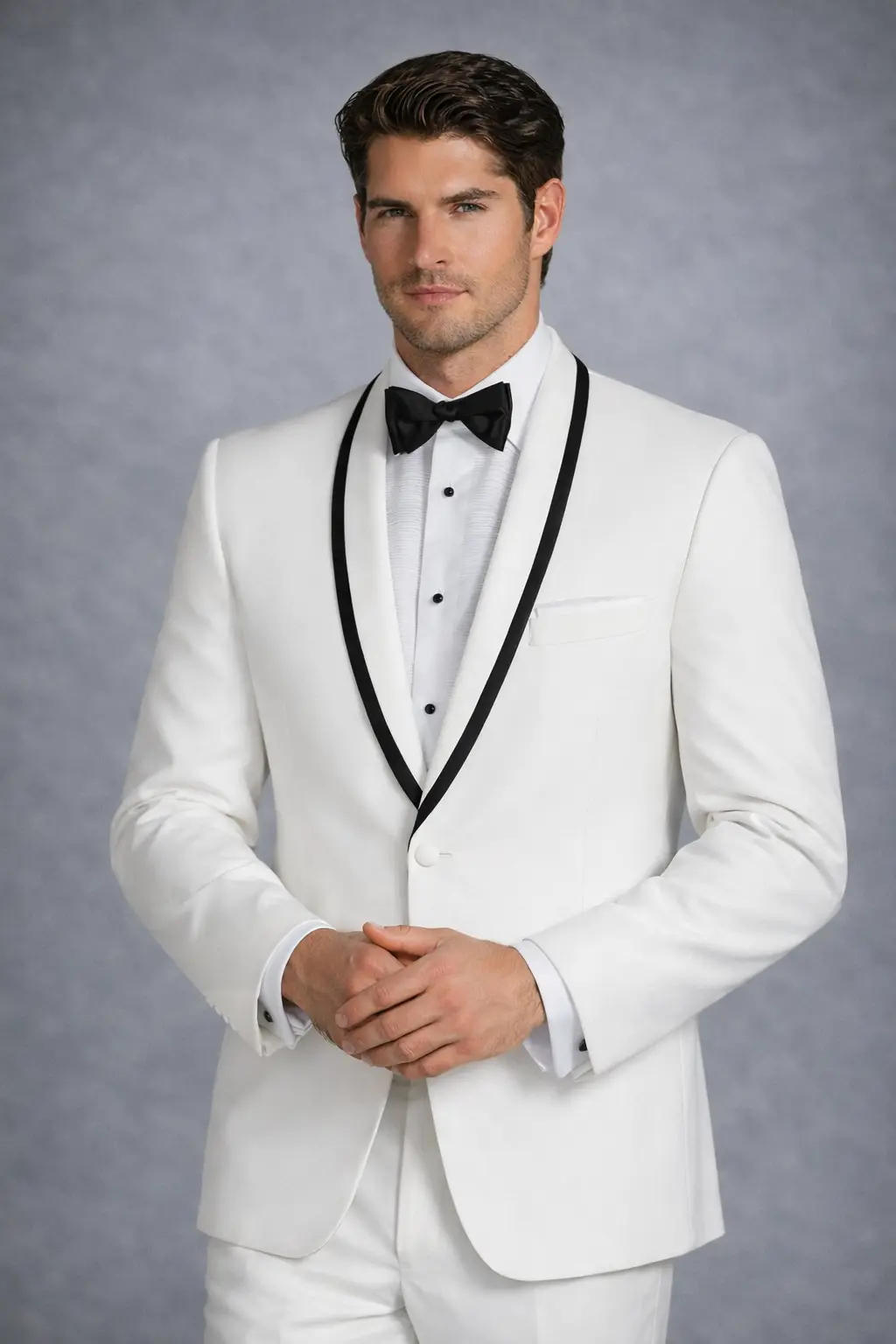 Esmoquin blanco, etiqueta tropical, con solapa chal y bordillo negro mate, manos entrelazadas, primer plano de medio cuerpo — Masculino.do