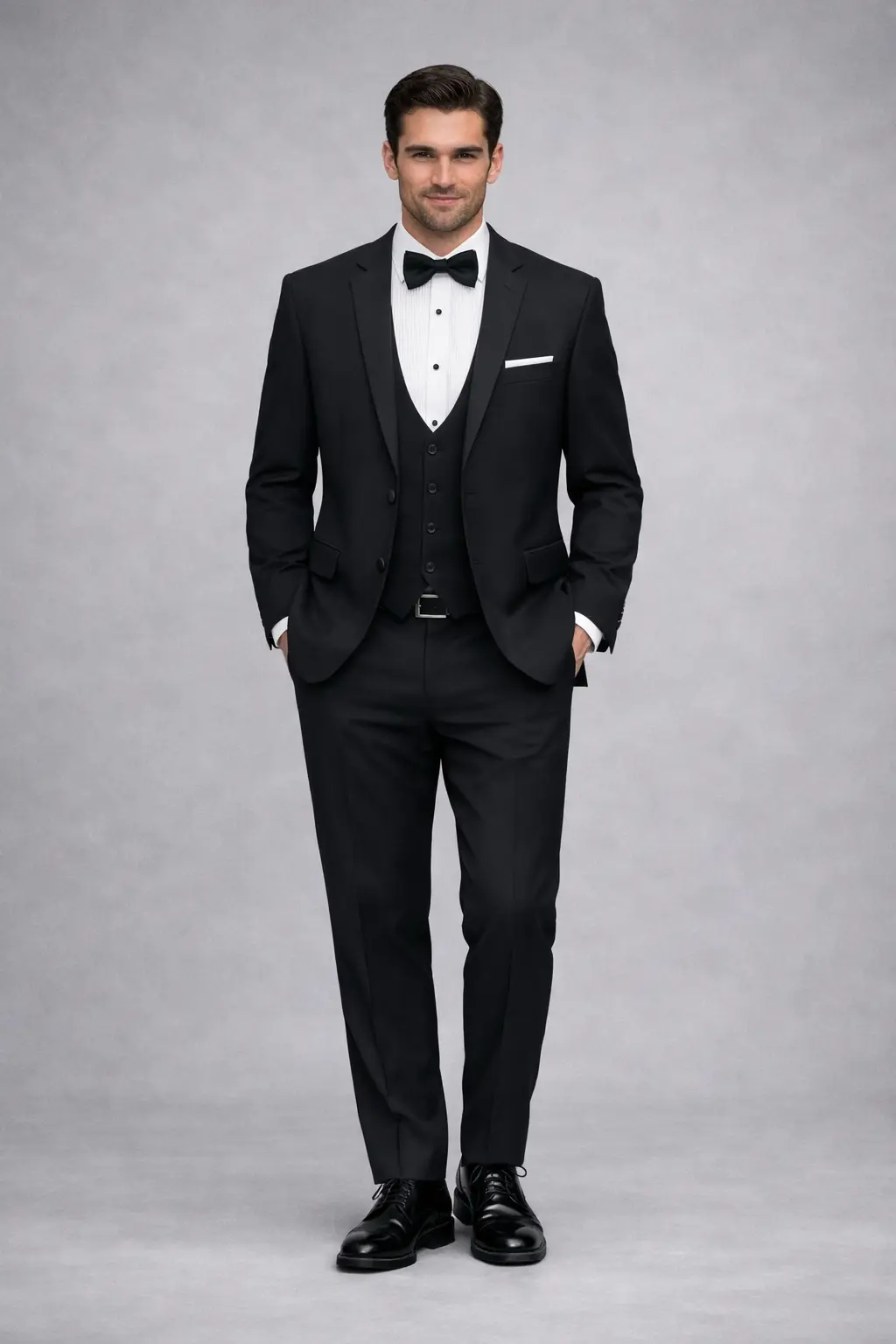 Traje negro tres piezas con solapa peak, chaleco a juego, camisa blanca plisada y corbatín negro, cuerpo completo — Masculino.do