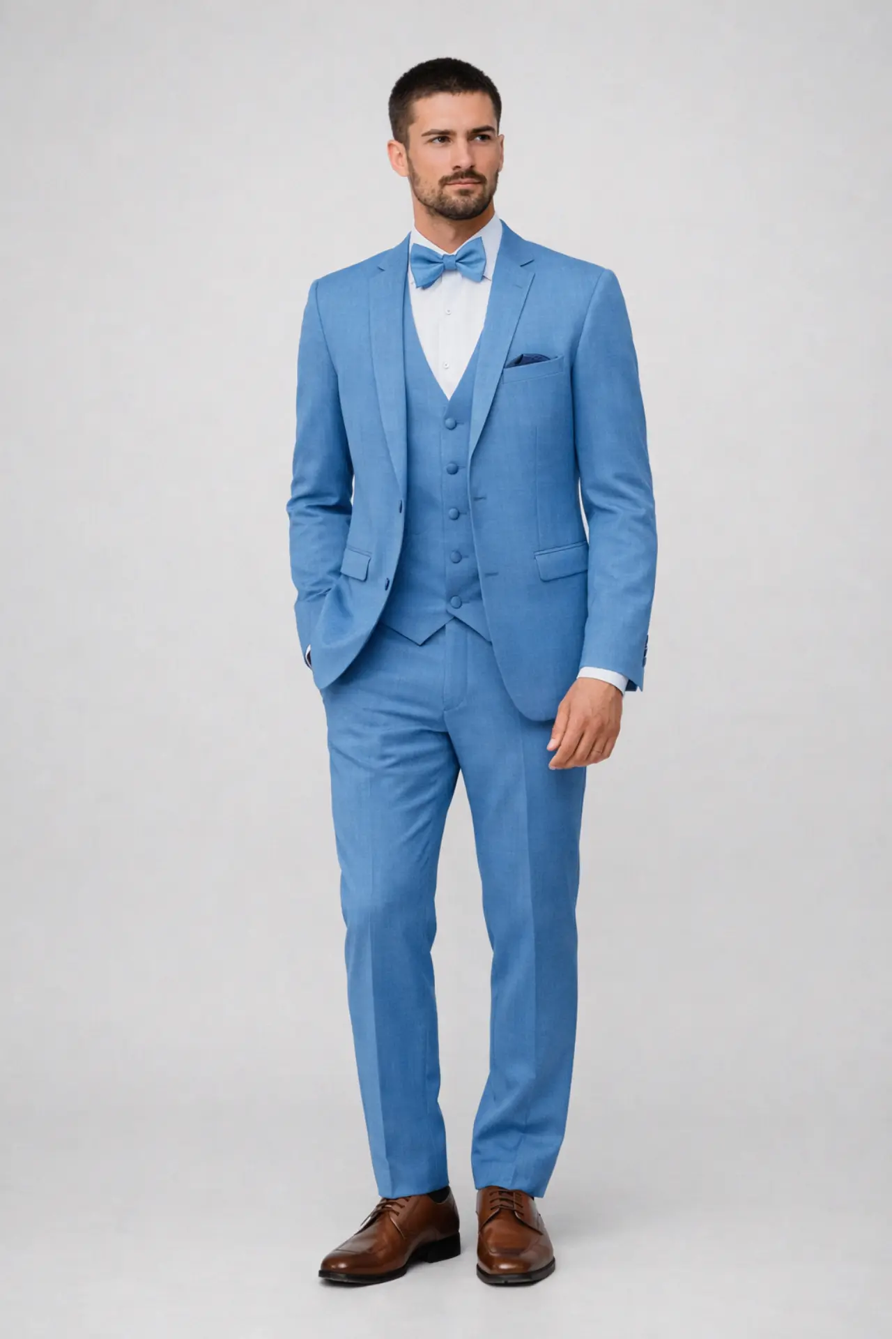 Traje azul cielo de tres piezas con chaleco, corbatín azul claro, pañuelo de bolsillo y zapatos café, cuerpo completo fondo gris — Masculino.do