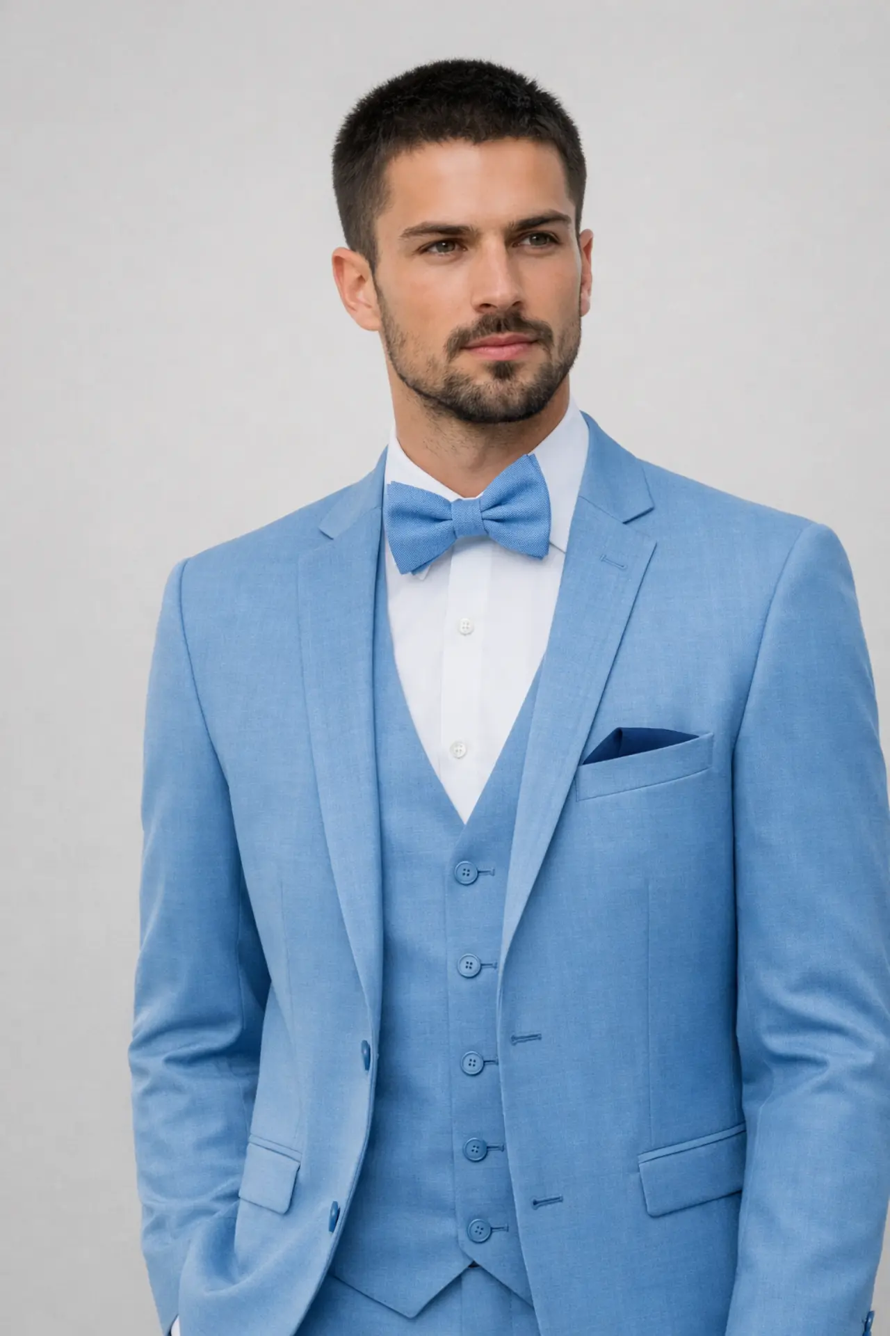 Primer plano de traje azul cielo de tres piezas con chaleco, corbatín a juego y pañuelo de bolsillo oscuro — Masculino.do