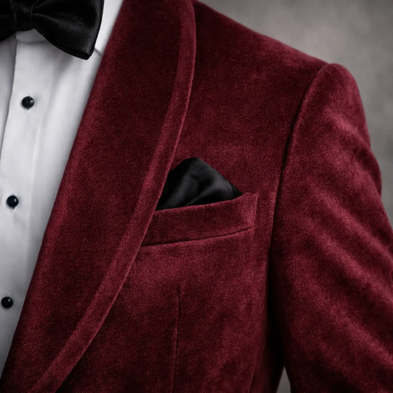 Detalle de textura velvet color vino del tuxedo con solapa shawl y pañuelo negro de bolsillo, primer plano — Masculino.do
