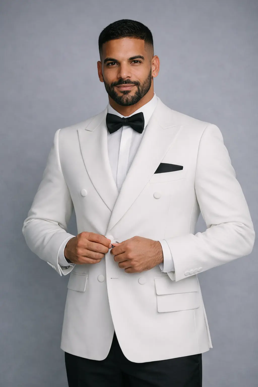 Esmoquin cruzado blanco con solapa peak, pañuelo negro y corbatín negro, medio cuerpo de frente — Masculino.do
