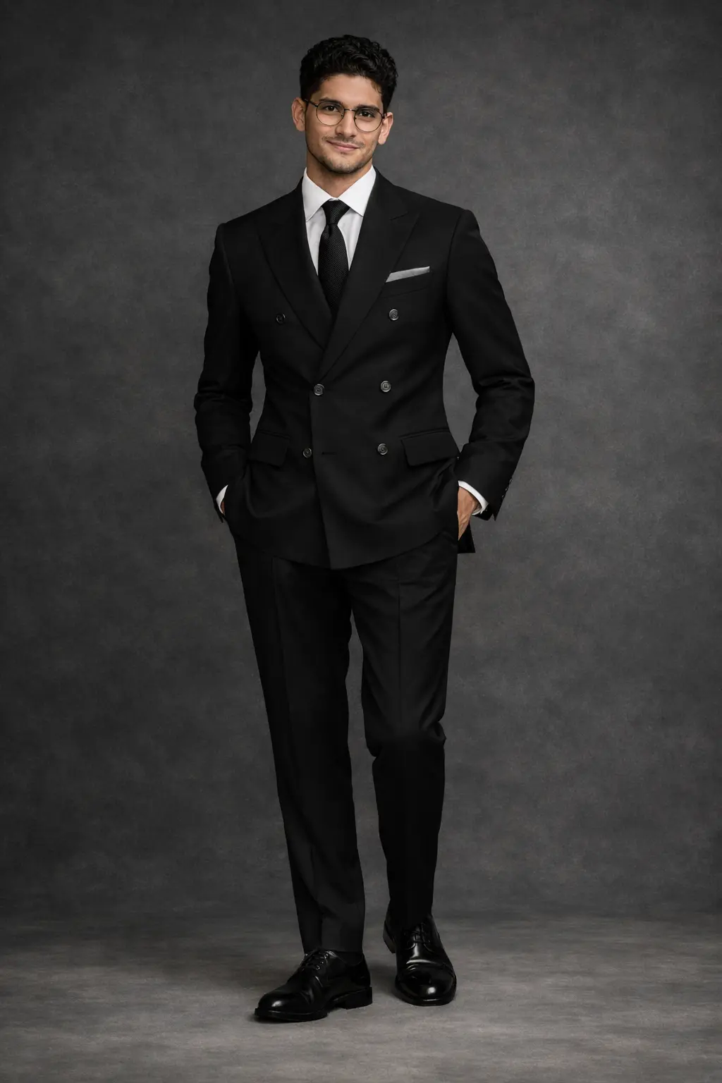 Traje negro cruzado de seis botones con solapa peak, corbata negra satinada y pañuelo marfil, cuerpo completo fondo oscuro — Masculino Formal Wear