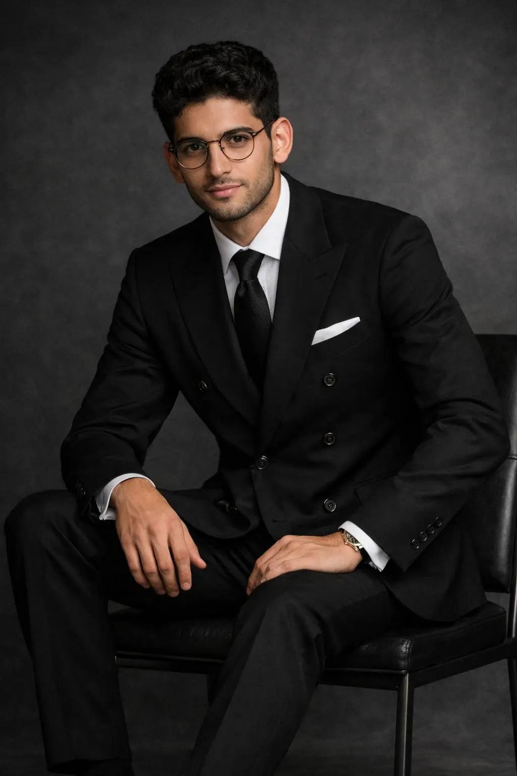 Traje negro cruzado con solapa peak, corbata negra y pañuelo marfil, pose sentada en sillón de cuero, medio cuerpo fondo oscuro — Masculino Formal Wear