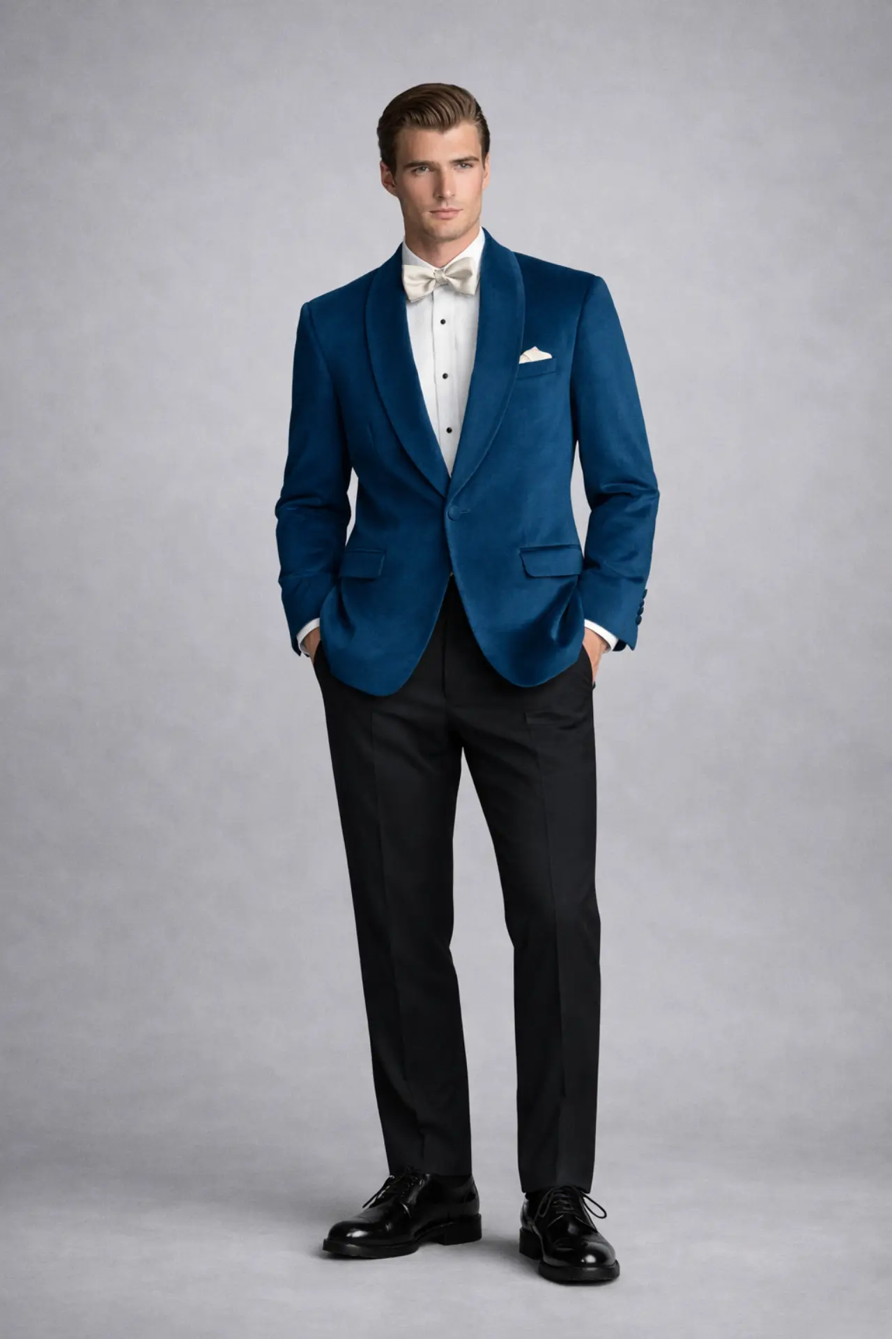 Tuxedo velvet azul petróleo con solapa shawl, corbatín marfil, pañuelo blanco y pantalón negro, cuerpo completo fondo gris — Masculino.do
