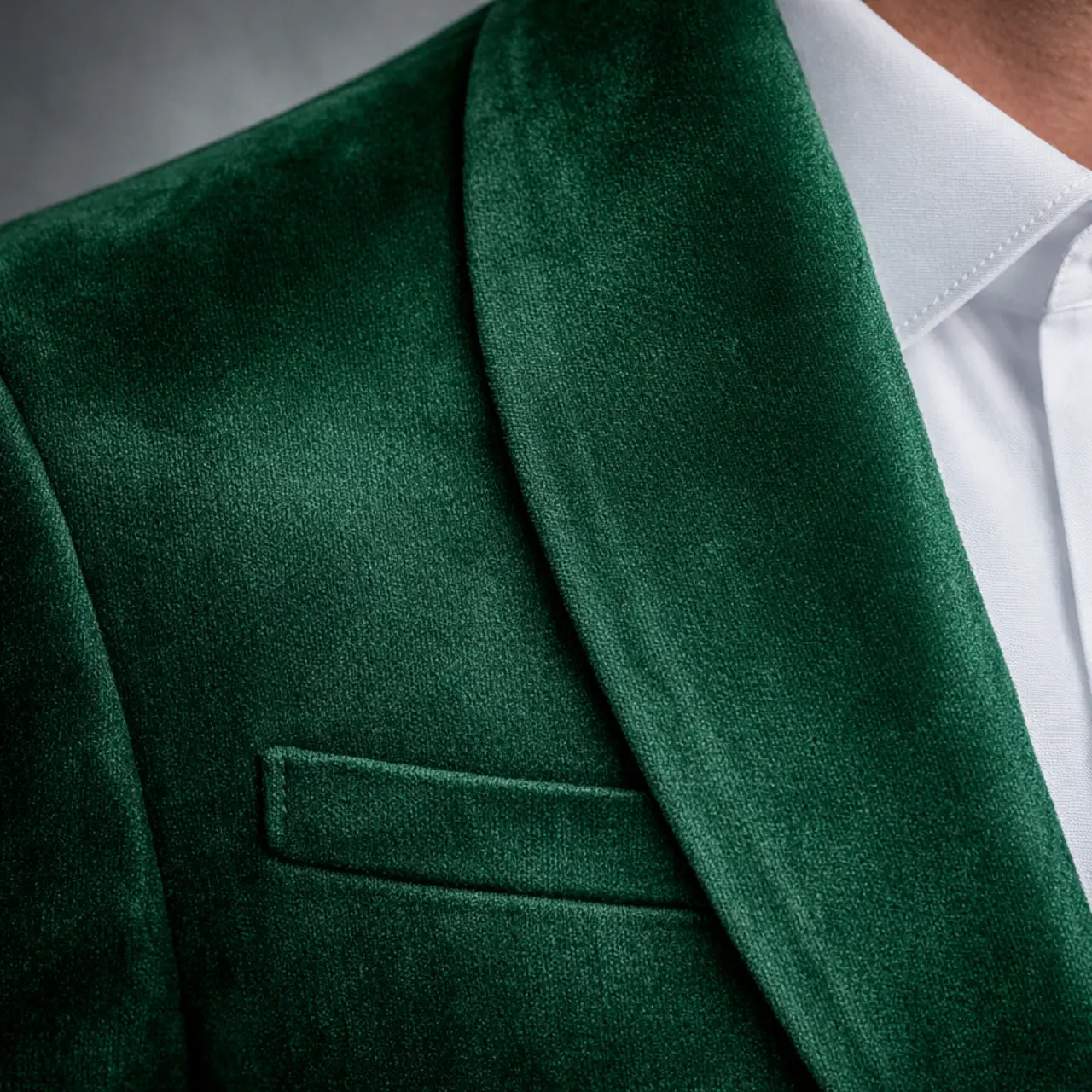 Detalle de la textura Esmoquin de hombre en tejido velvet con cierre de un solo botón, corte moderno y elegante, disponible en varios colores en Masculino.do
