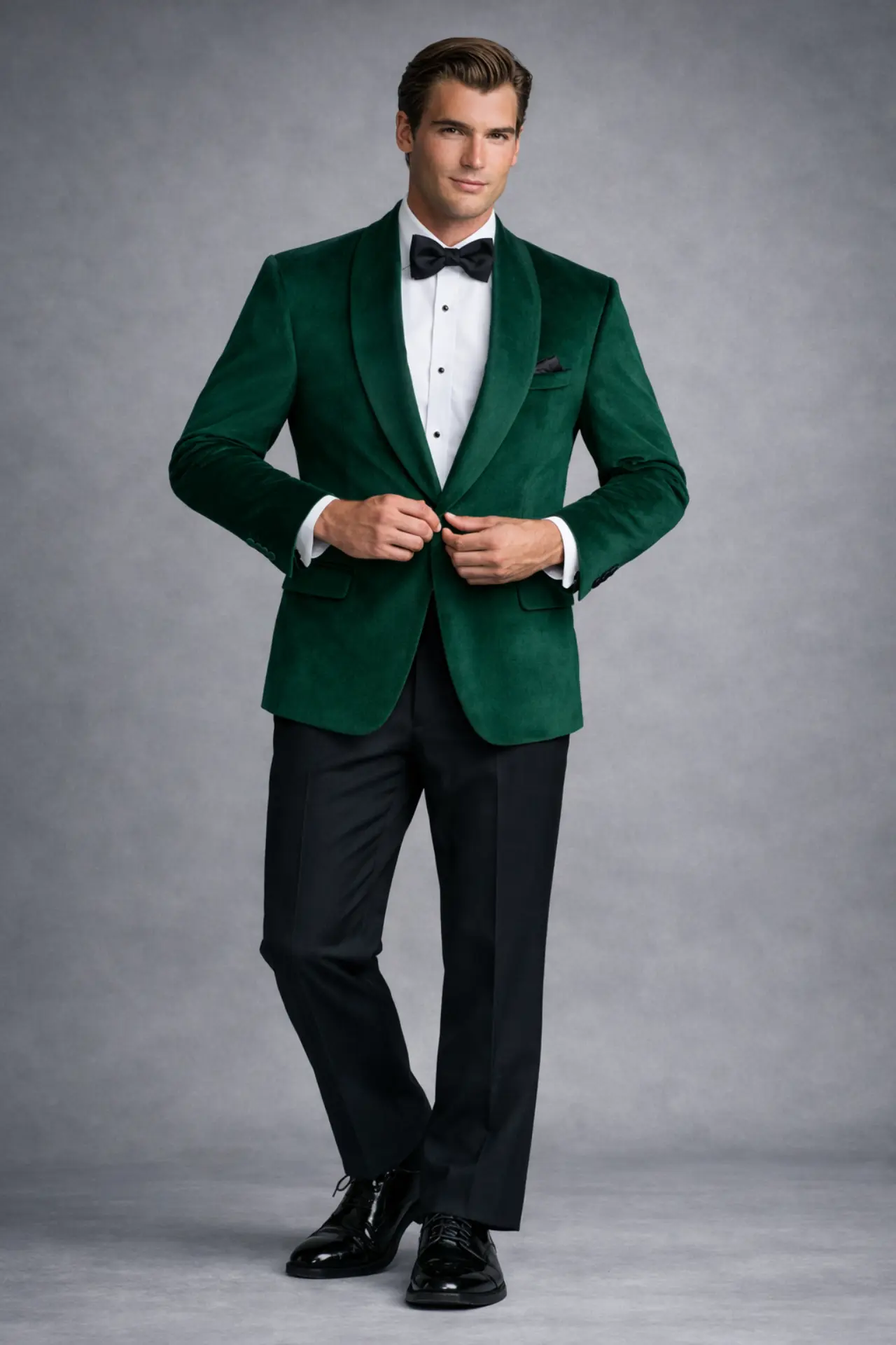 Esmoquin de hombre en tejido velvet con cierre de un solo botón, corte moderno y elegante, disponible en varios colores en Masculino.do