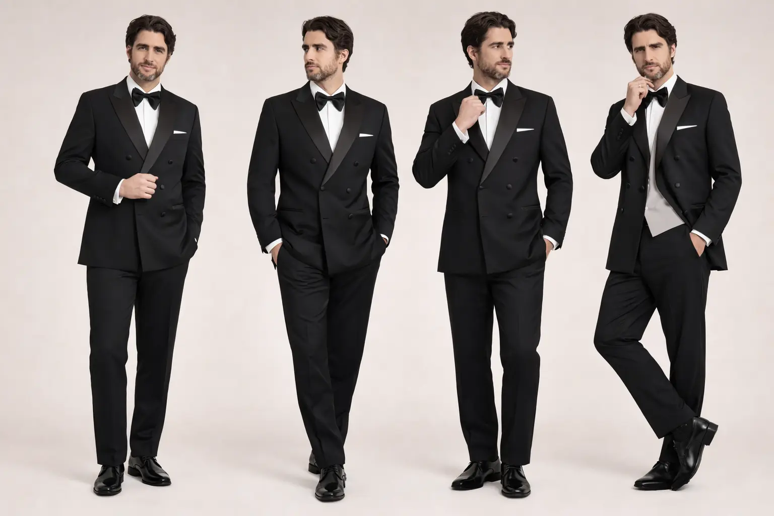 Cuatro poses de hombre en Esmoquin en tejido velvet con cierre de un solo botón, corte moderno y elegante, disponible en varios colores en Masculino.do