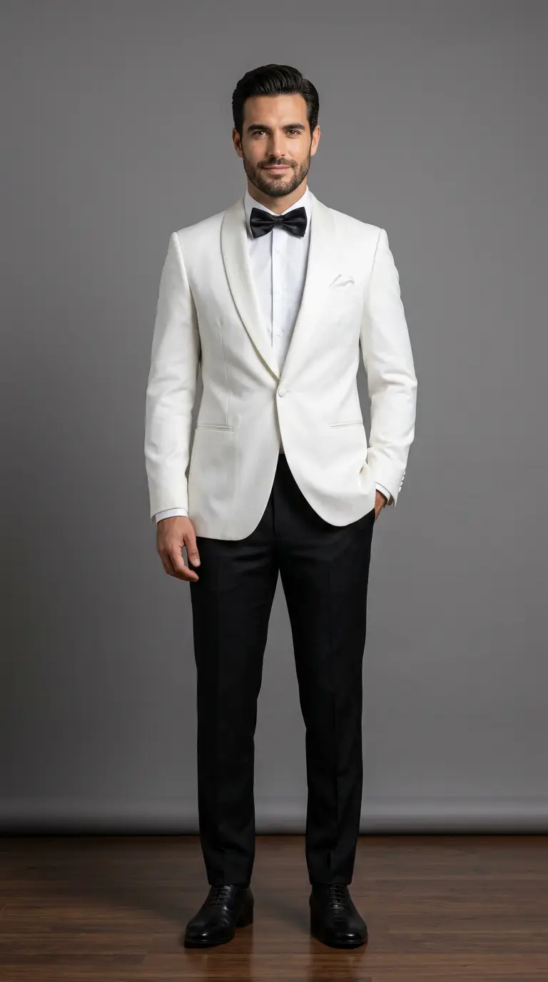 Esmoquin marfil solapa chal, pantalón negro y corbatín negro, cuerpo completo fondo gris — Masculino.do