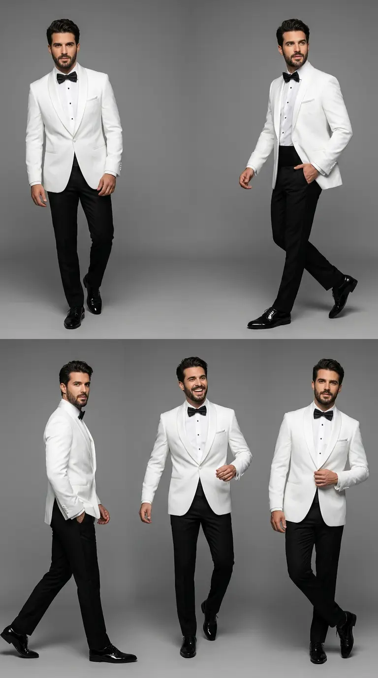 Cinco poses de esmoquin marfil solapa chal con pantalón negro y corbatín negro, etiqueta tropical — Masculino.do
