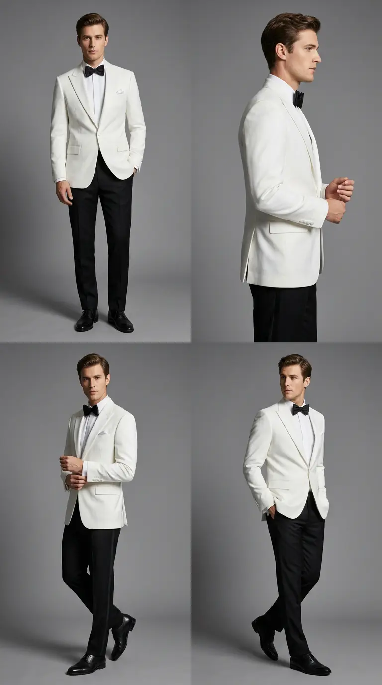 Cuatro poses de esmoquin marfil solapa chal con pantalón negro y corbatín negro, etiqueta tropical — Masculino.do