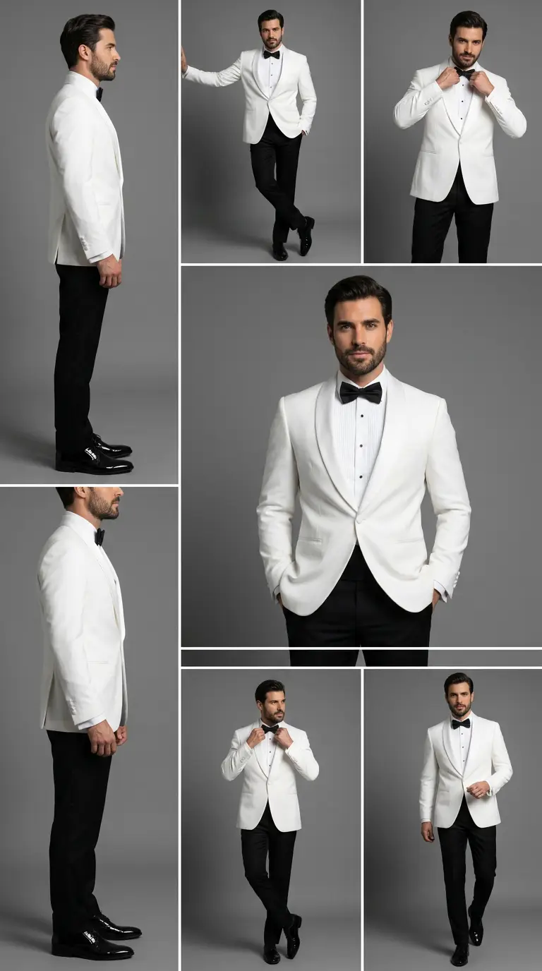 Siete poses de esmoquin marfil solapa chal con pantalón negro y corbatín negro, etiqueta tropical — Masculino.do