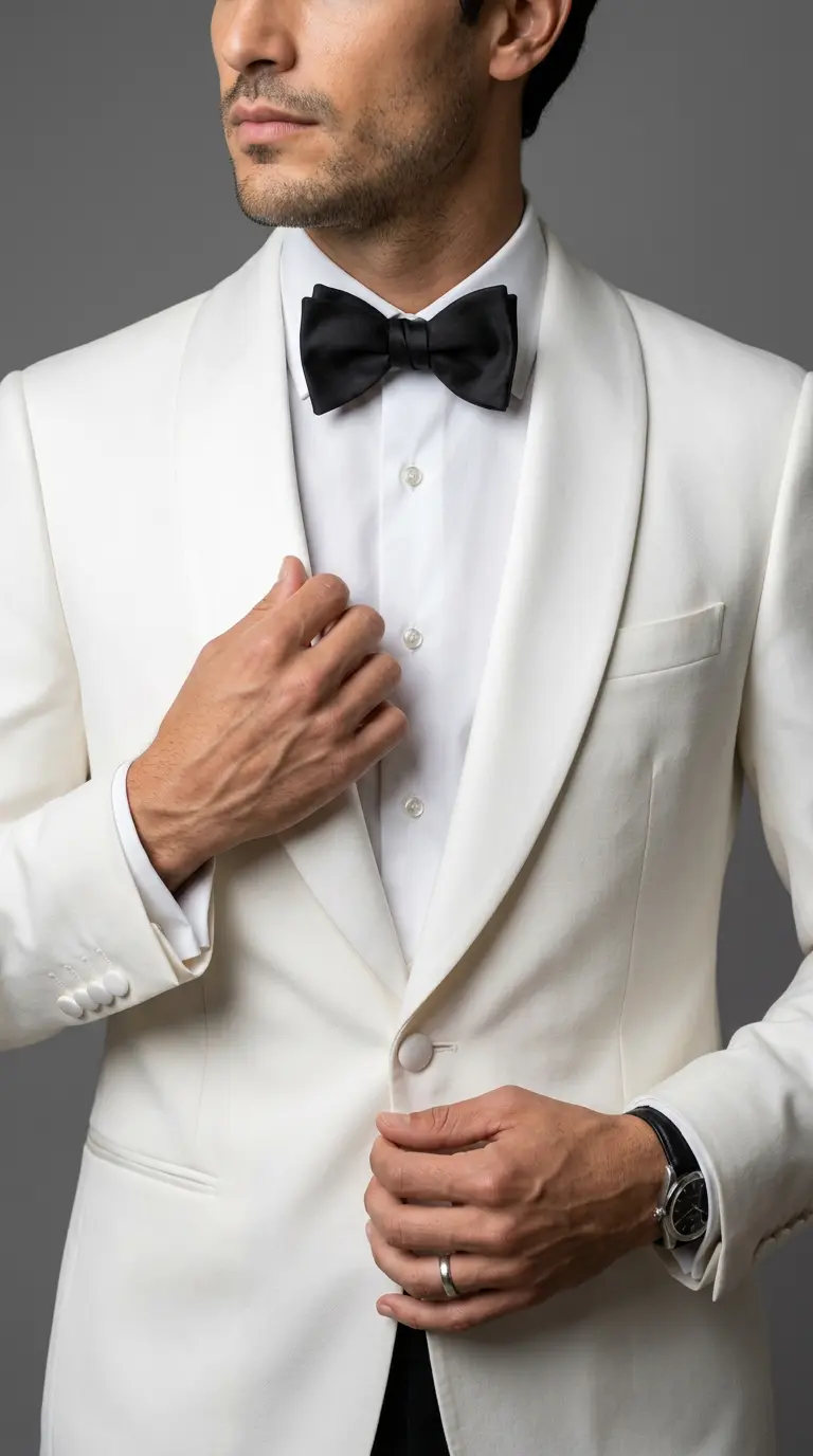 Detalle de esmoquin marfil solapa chal, camisa blanca y corbatín negro, primer plano abotonando el saco — Masculino.do