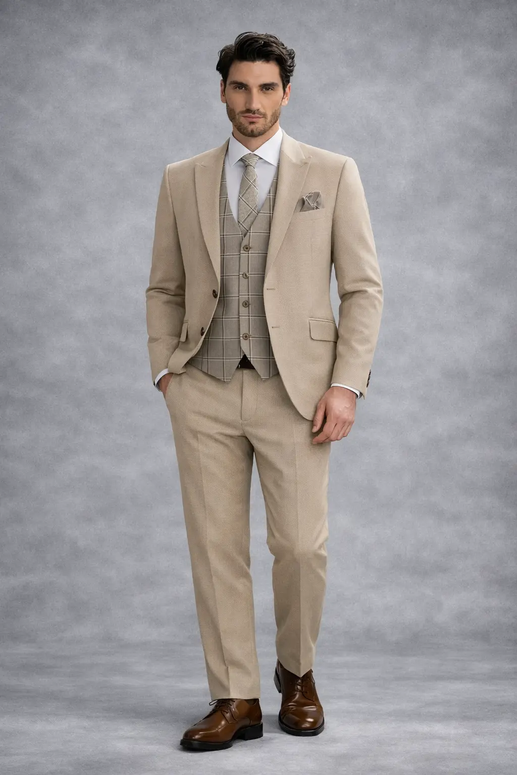 Traje beige tres piezas con chaleco a cuadros, corbata estampada y pañuelo a tono, cuerpo completo fondo gris — Masculino.do
