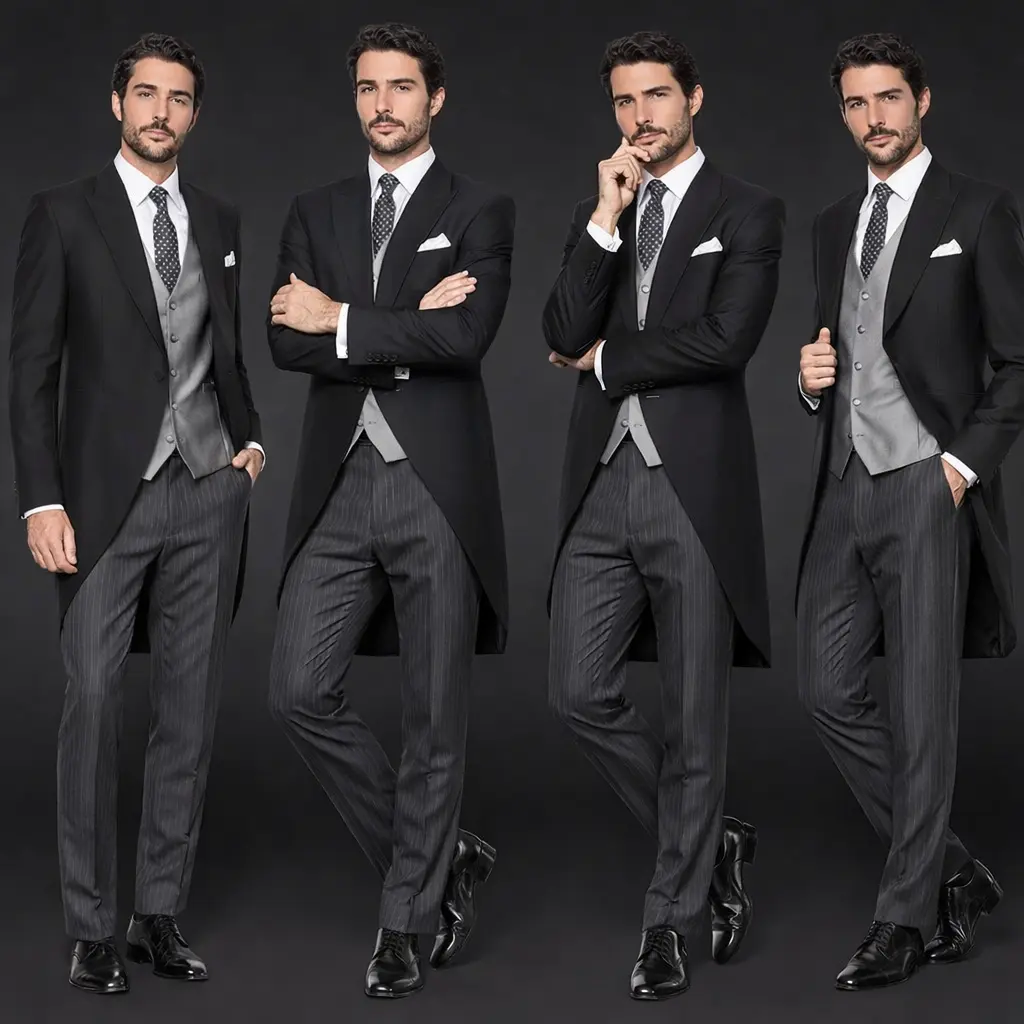 Cuatro poses de frac negro corte inglés con chaleco gris perla, corbata de seda y pantalón de raya diplomática — Masculino.do