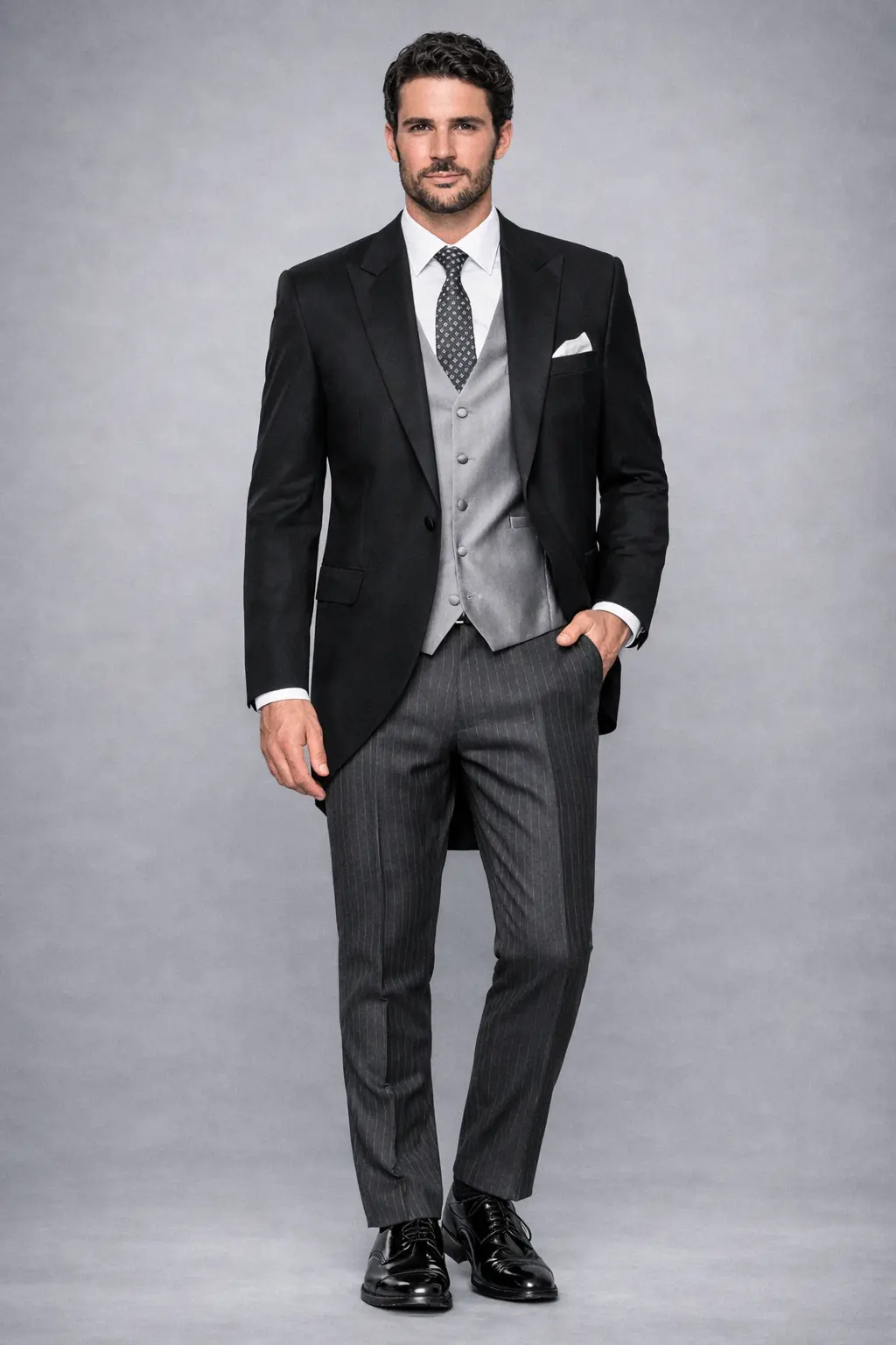 Frac negro con chaleco gris perla, camisa blanca, corbata de seda y pantalón rayado, cuerpo completo fondo gris — Masculino.do
