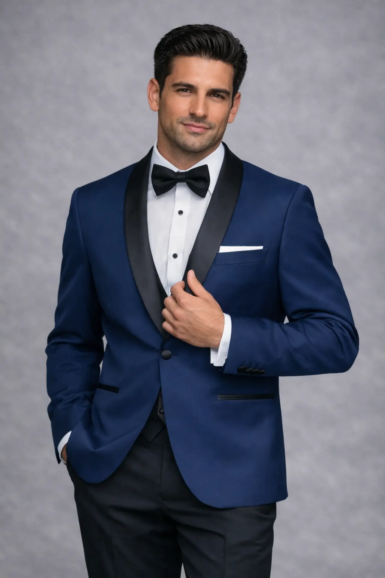 Primer plano de tuxedo navy con solapa shawl en satín negro, corbatín negro, camisa blanca y pañuelo de bolsillo — Masculino.do