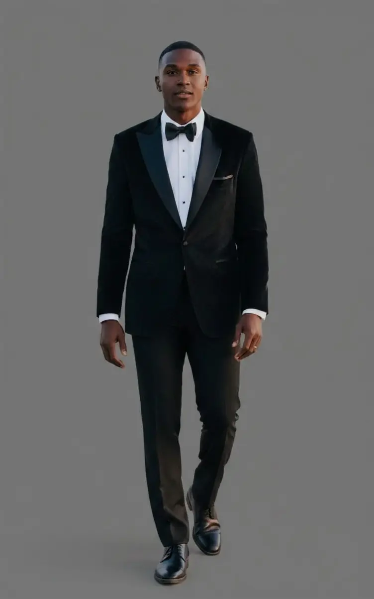 esmoquin negro de terciopelo con solapa peak, camisa blanca y corbatín negro, caminando, cuerpo completo — Masculino.do