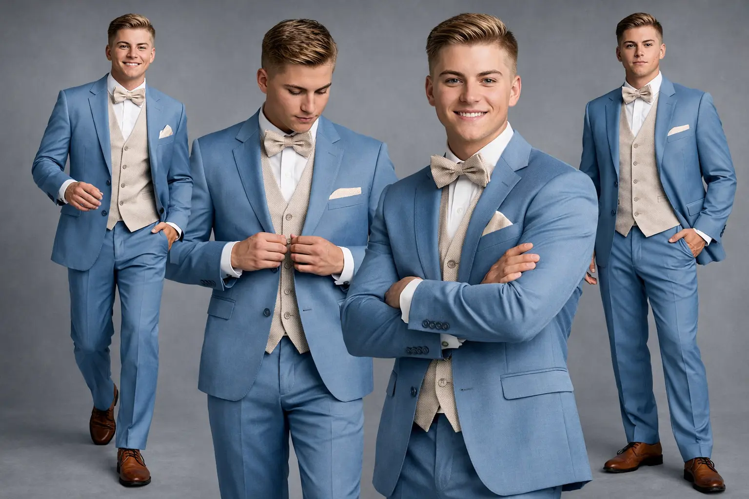 Cuatro poses de traje azul claro tres piezas con chaleco beige, corbatín a tono, camisa blanca y zapatos marrones — Masculino.do