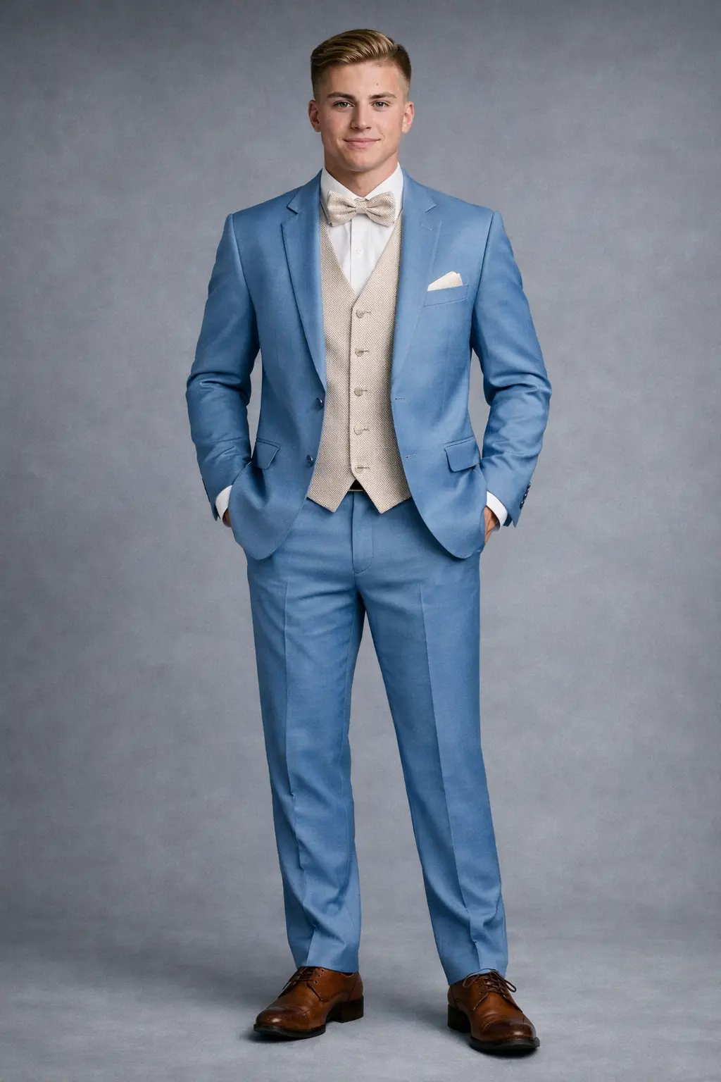 Traje azul claro tres piezas con chaleco beige y corbatín, junto a acompañante en look de graduación al aire libre — Masculino.do
