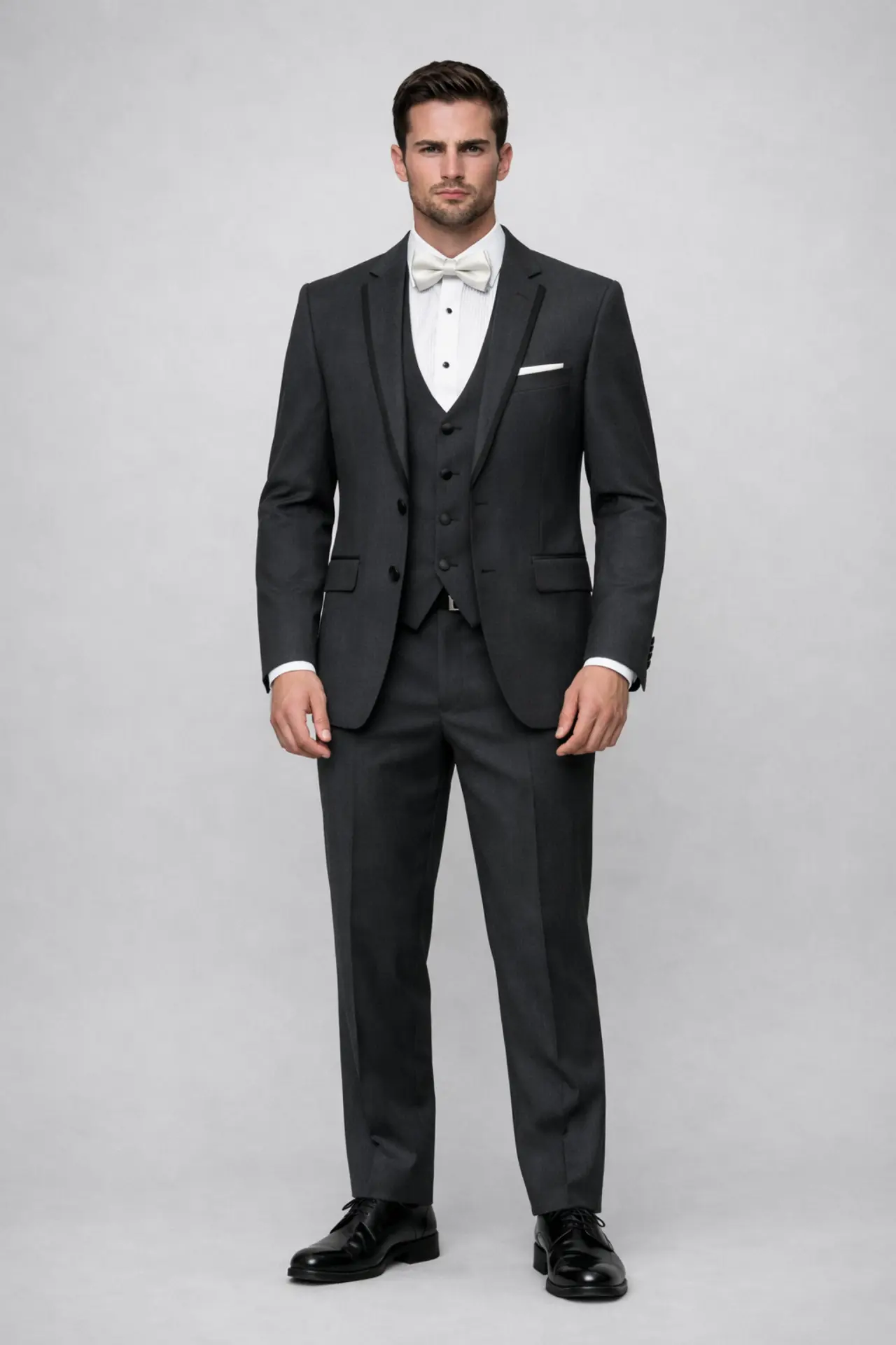 Tuxedo Madison James Graphite gris charcoal tres piezas con solapa notch en satín, chaleco tono sobre tono, corbatín crema y zapatos oxford negros — cuerpo completo fondo blanco — Masculino.do