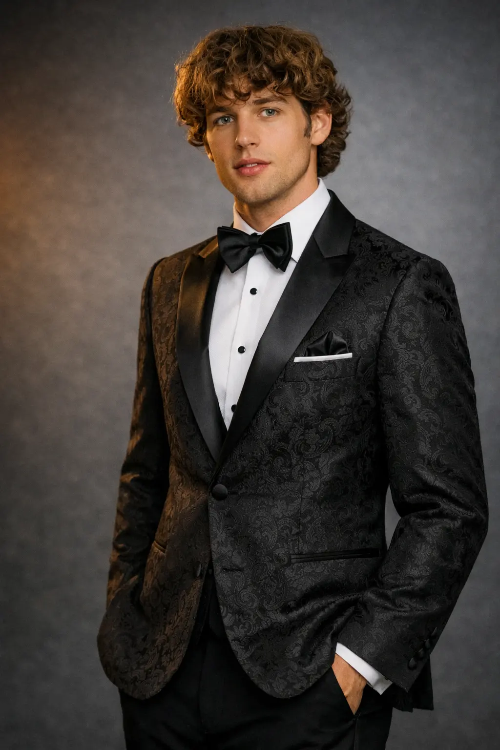 Primer plano de tuxedo negro brocado paisley con solapa peak en satín, camisa blanca, corbatín negro y pañuelo blanco — Masculino.do