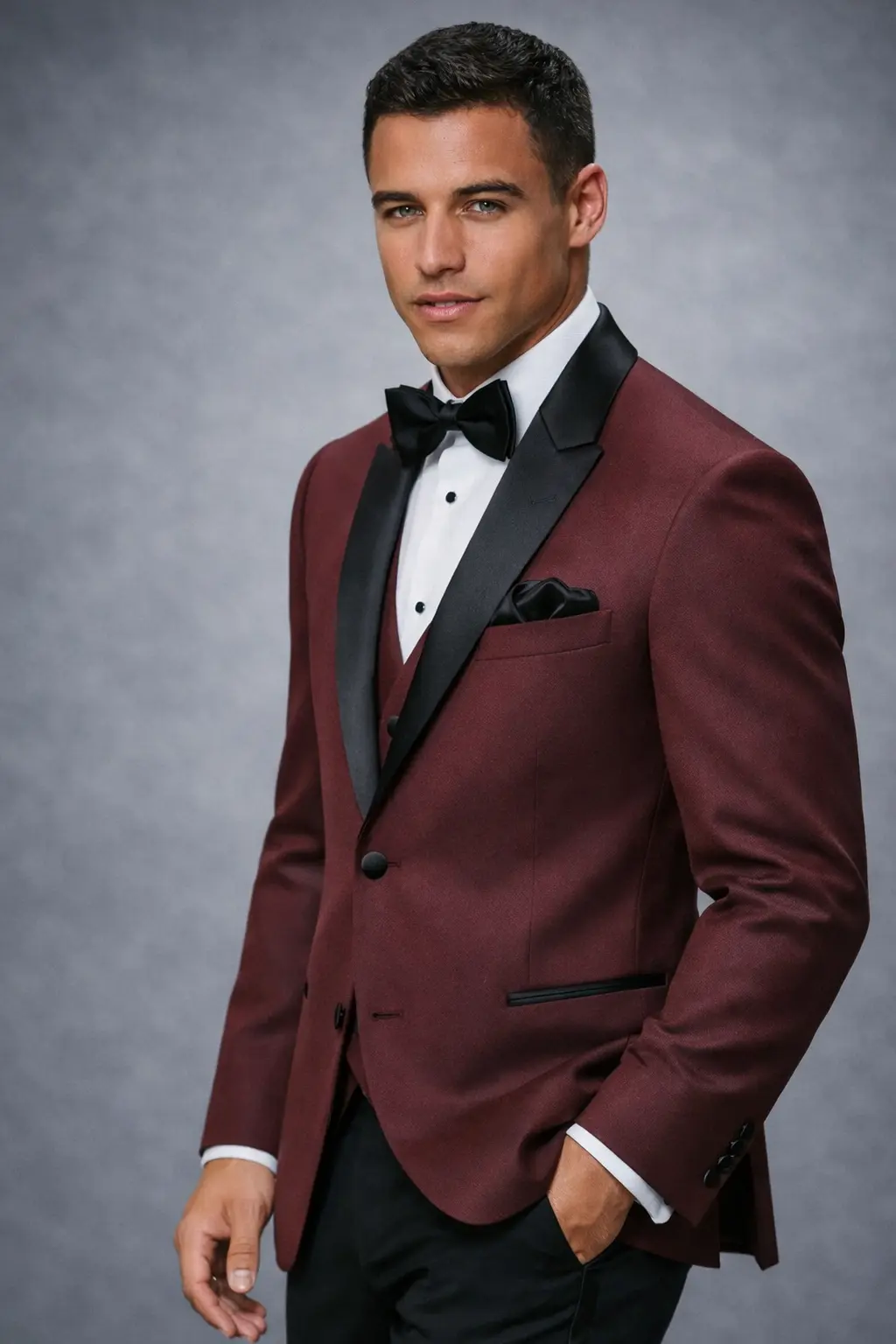 Tuxedo Marbella Burgundy con solapa peak en satín negro, camisa blanca, corbatín negro y pañuelo negro, medio cuerpo fondo gris — Masculino.do