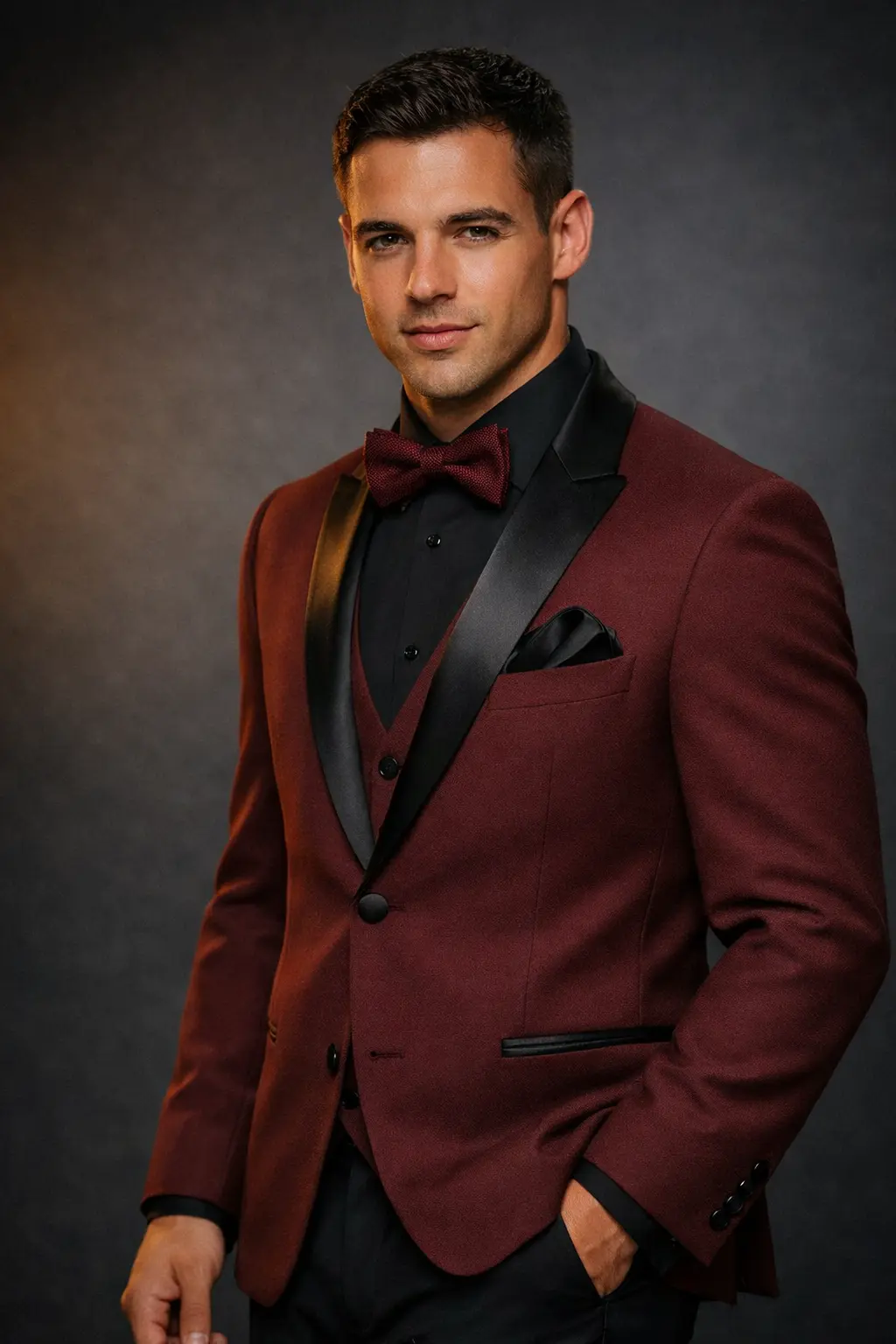 Tuxedo Marbella Burgundy de tres piezas con chaleco, camisa negra, corbatín burgundy y pañuelo negro, medio cuerpo fondo oscuro — Masculino.do
