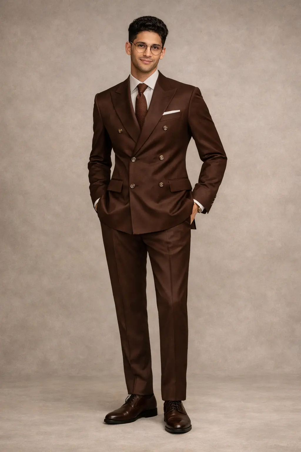 Traje marrón cruzado con solapas de pico, camisa blanca, corbata marrón y pañuelo blanco — tres poses masculino formal, cuerpo completo — Masculino.do