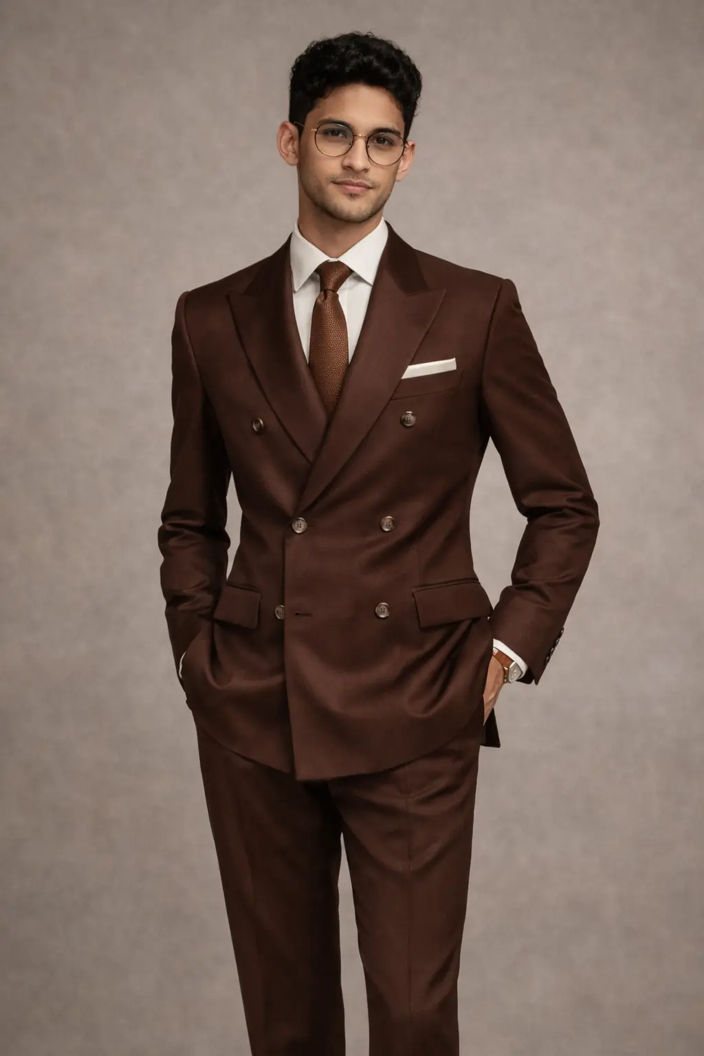 Traje marrón cruzado con solapas de pico, camisa blanca, corbata marrón y zapatos oxford marrones, cuerpo completo fondo gris — Masculino.do