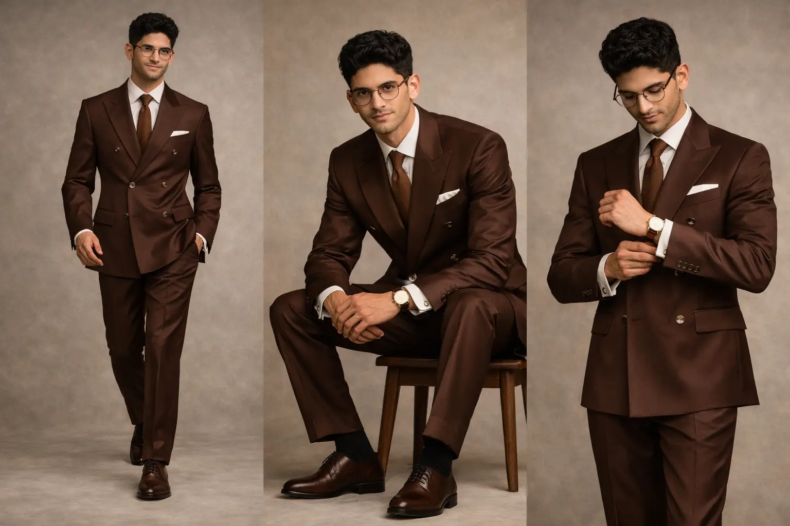 Primer plano de traje marrón cruzado con solapas de pico y botones bronce, camisa blanca y corbata marrón texturizada — Masculino.do