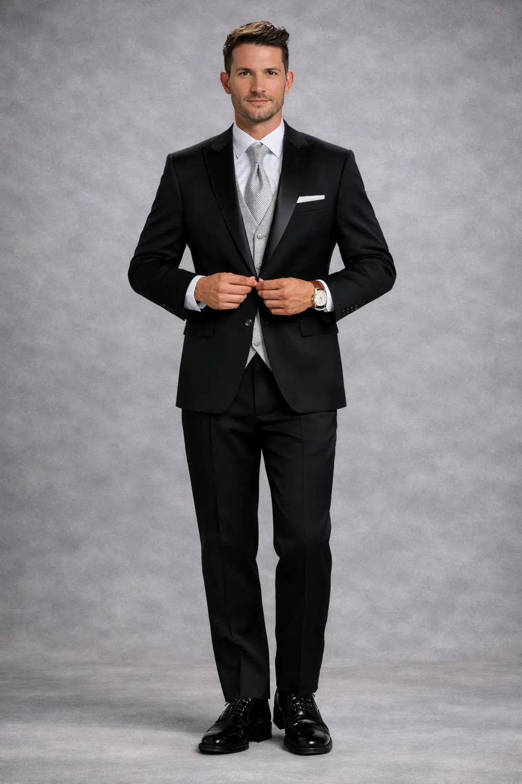 Tuxedo Meles Pick negro con solapa Peak en satín, chaleco plateado texturizado, corbata plata, camisa blanca y zapatos oxford negros — cuerpo completo fondo gris — Masculino.do