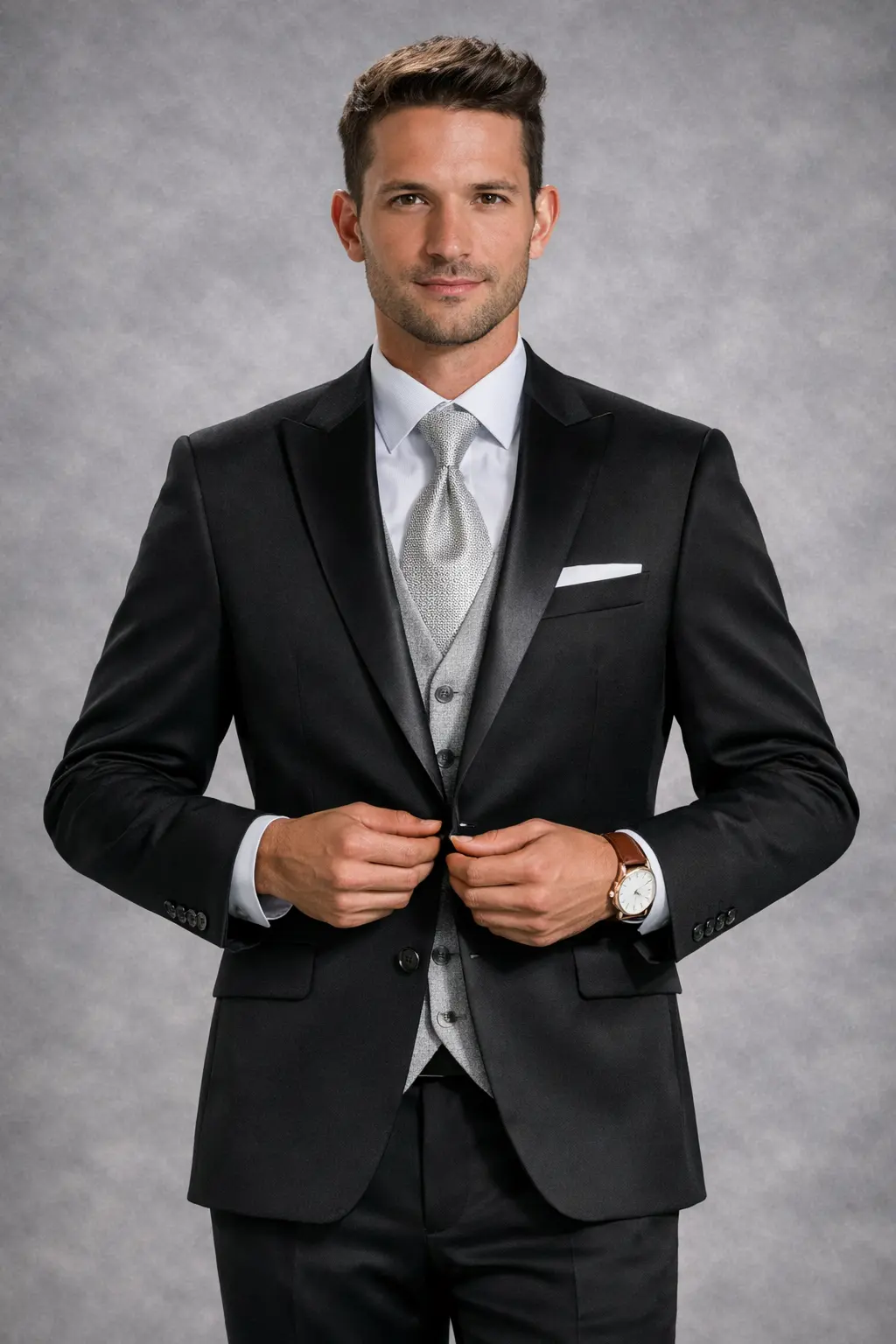 Traje negro de tres piezas con solapa Peak en satín, chaleco plateado texturizado, corbata plata y zapatos negros de charol, cuerpo completo fondo gris — Masculino.do