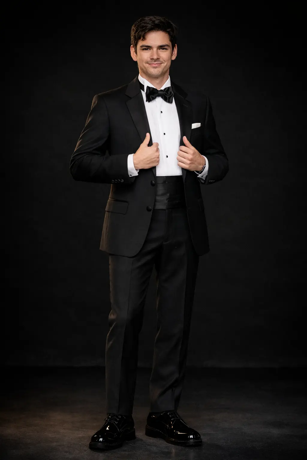 Tuxedo negro clásico con solapa Peak en satín, fajín negro, corbatín satinado, camisa blanca y zapatos de charol — cuerpo completo fondo negro — Masculino.do