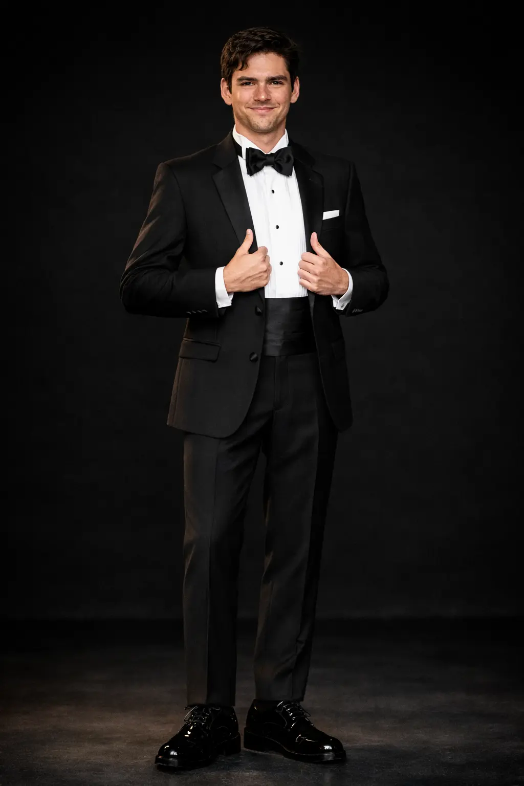 Tuxedo negro clásico con solapa Peak en satín, fajín negro, corbatín satinado, camisa blanca y zapatos de charol — cuerpo completo fondo negro — Masculino.do