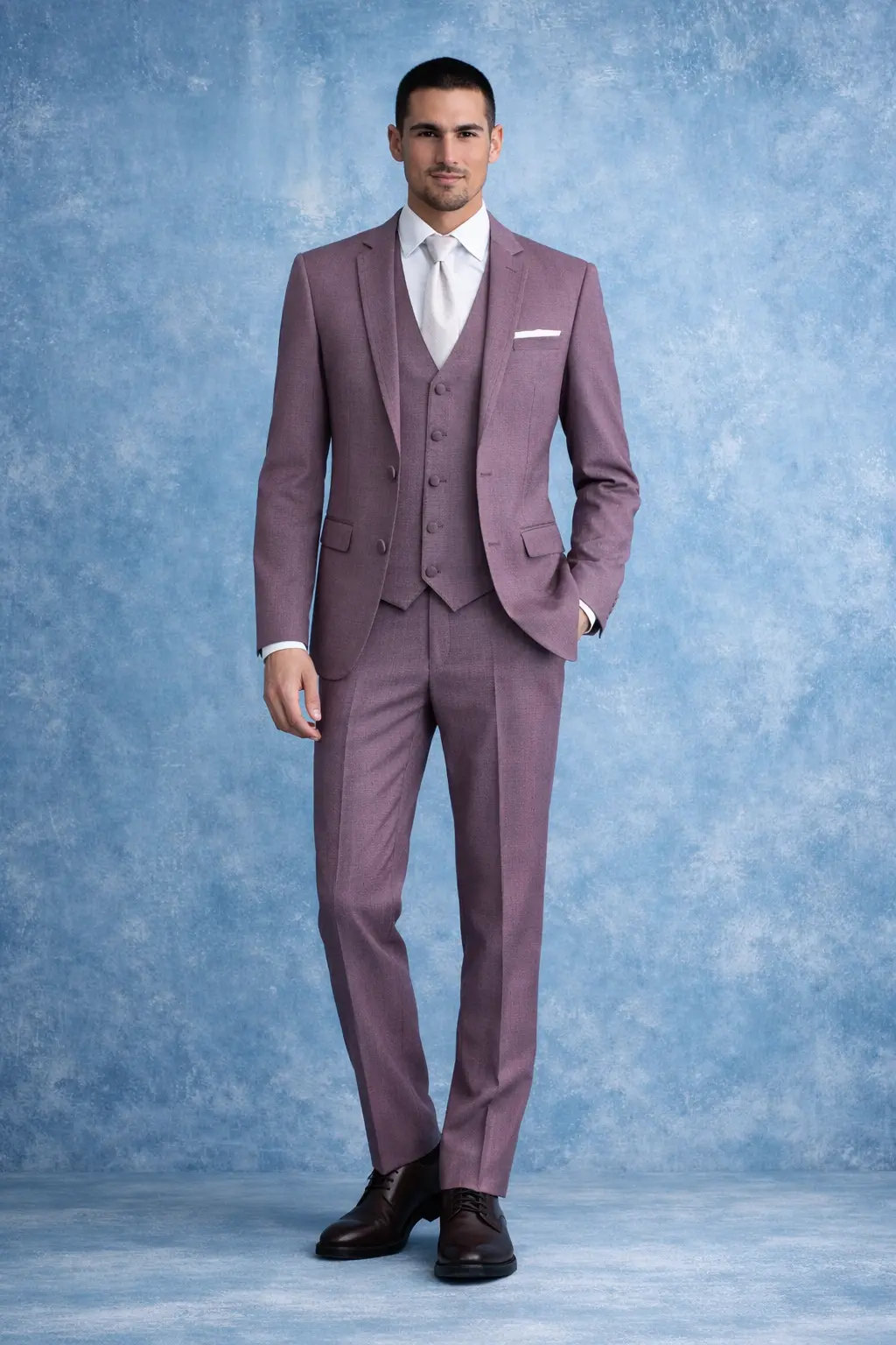 Suit Mulberry tres piezas con chaleco, corbata blanca, pañuelo blanco y zapatos oxford marrón oscuro — cuerpo completo look de novio fondo azul — Masculino.do