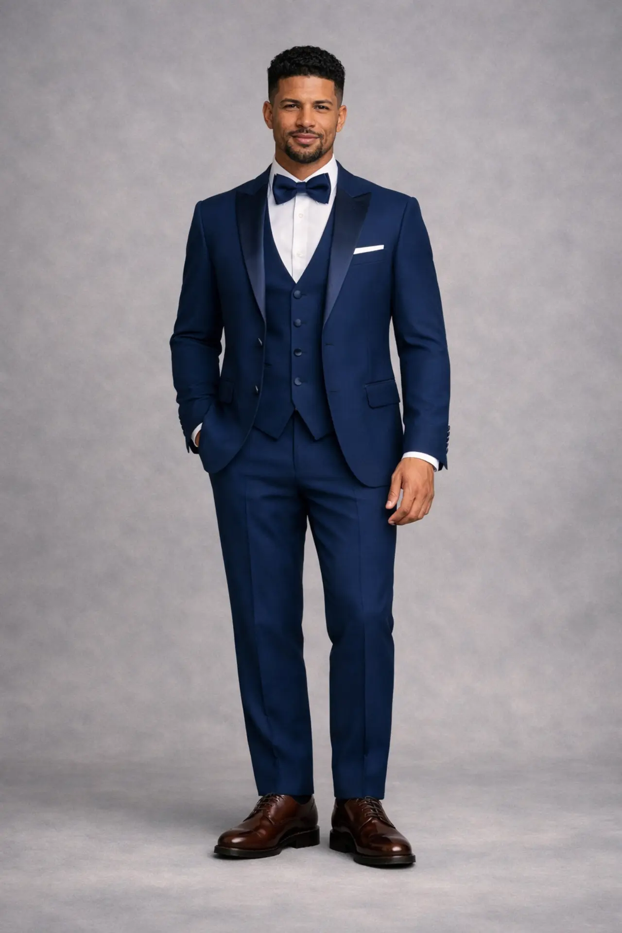 Tuxedo navy de tres piezas con chaleco, solapa peak satín tonal, corbatín navy y zapatos café, cuerpo completo fondo gris — Masculino.do