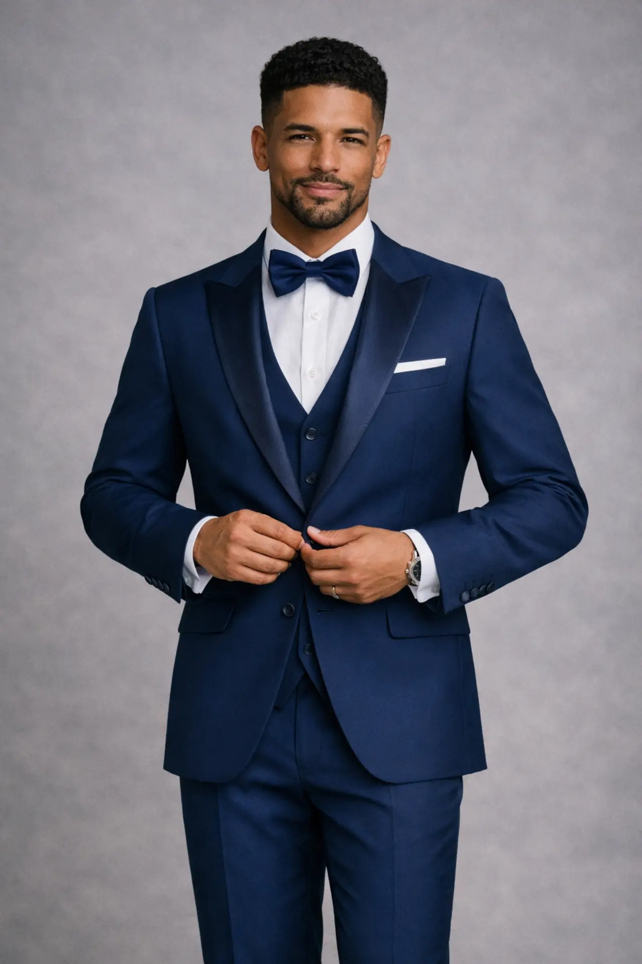 Primer plano de tuxedo navy tres piezas con chaleco, solapa peak satín tonal, corbatín navy y pañuelo blanco — Masculino.do