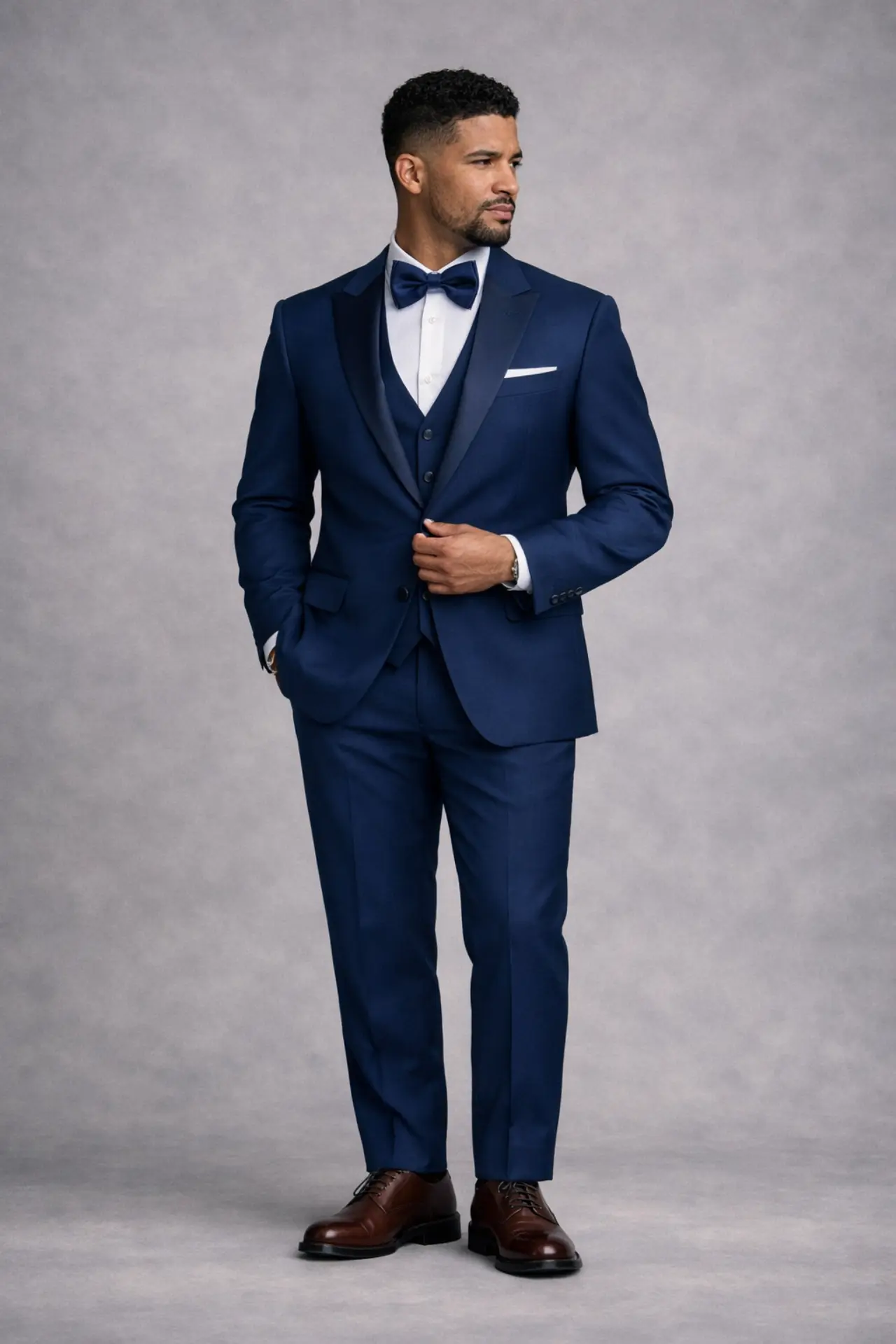 Tuxedo navy de tres piezas con chaleco, solapa peak satín tonal, corbatín navy, pose dinámica con zapatos café — Masculino.do