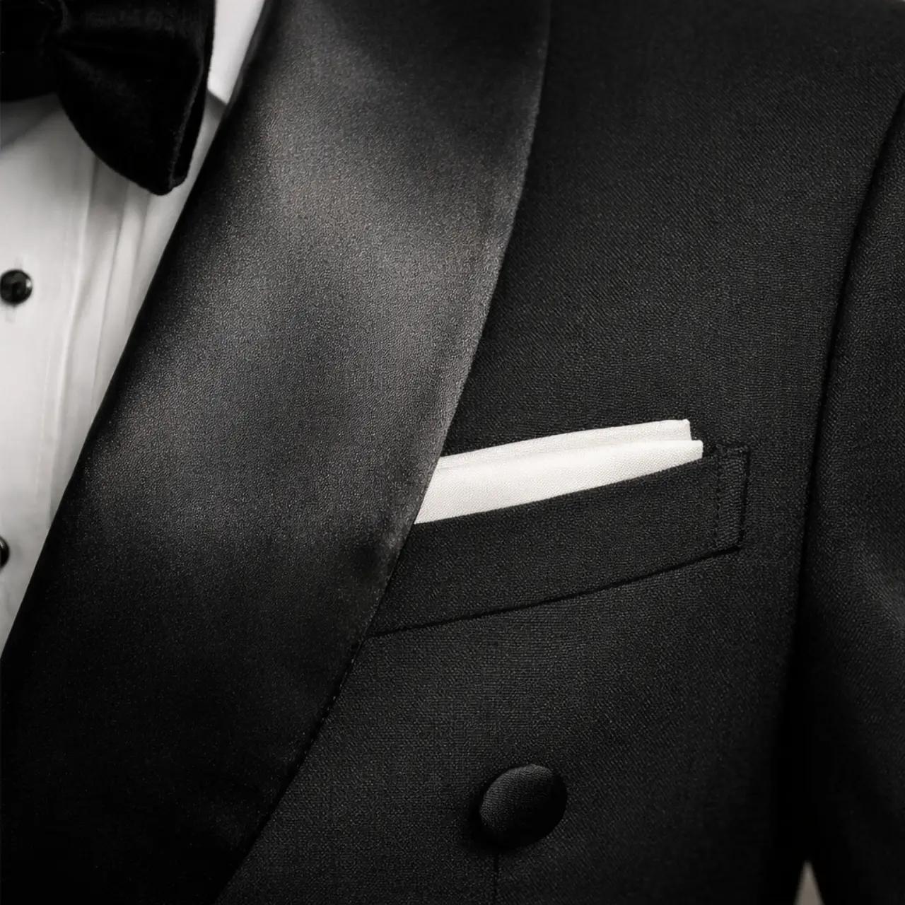 Detalle de esmoquin cruzado negro Montecarlo con solapa shawl en satín, pañuelo blanco, botón forrado y camisa de pechera plisada, primer plano — Masculino.do