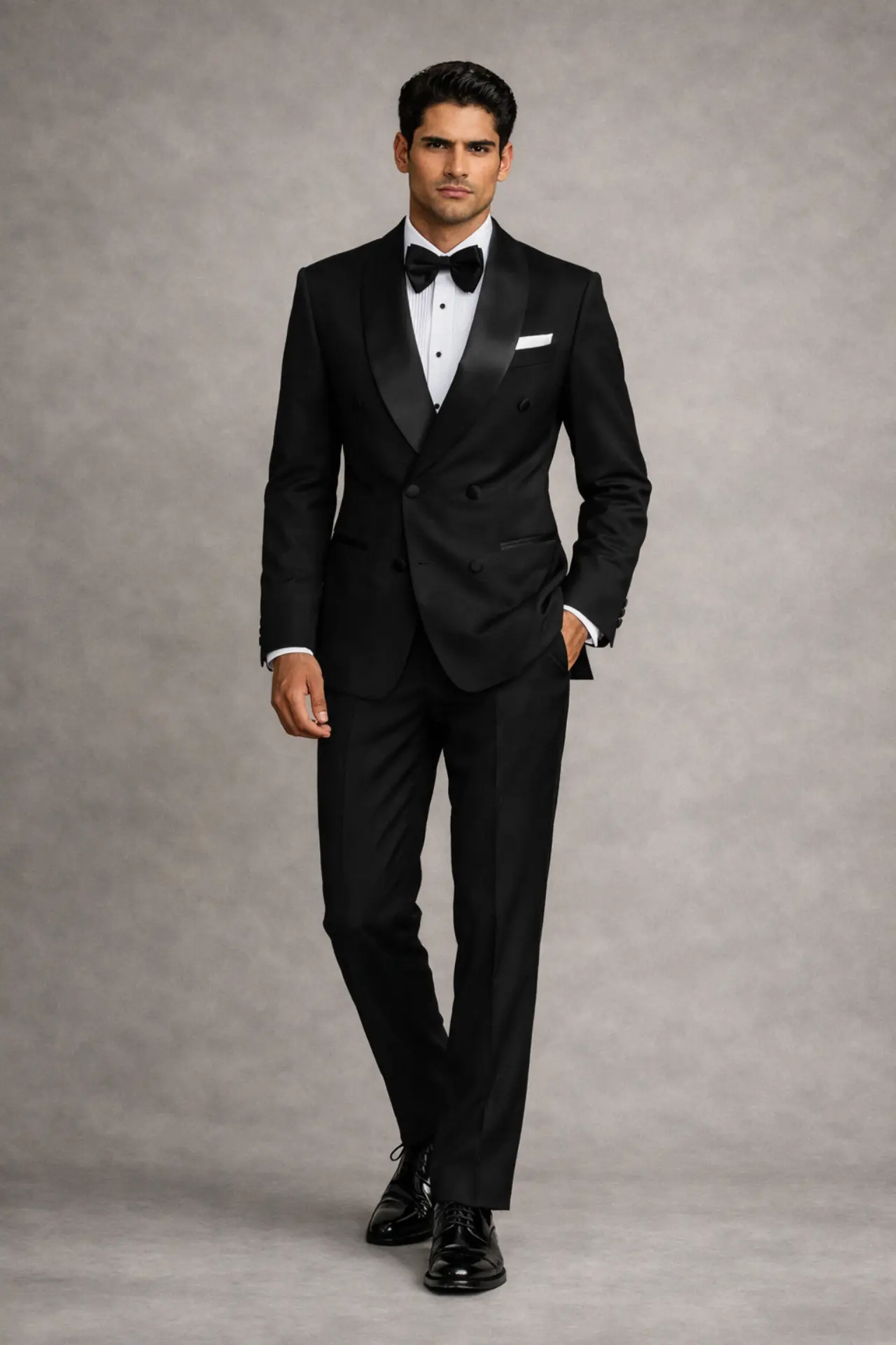 Esmoquin cruzado negro Montecarlo con solapa shawl en satín, corbatín negro, pañuelo blanco y zapatos de charol, cuerpo completo fondo gris — Masculino.do